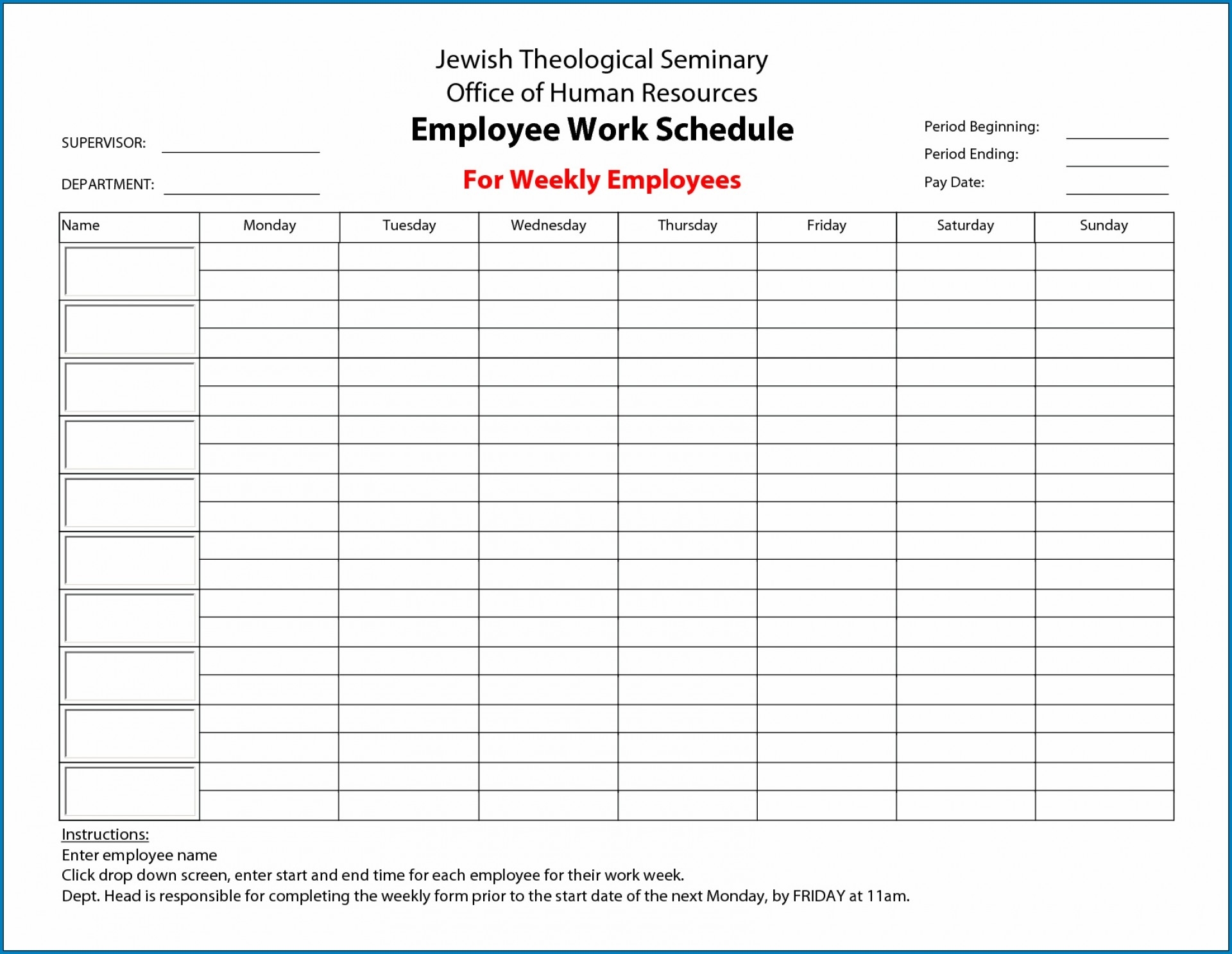 weekly work schedule template pdf