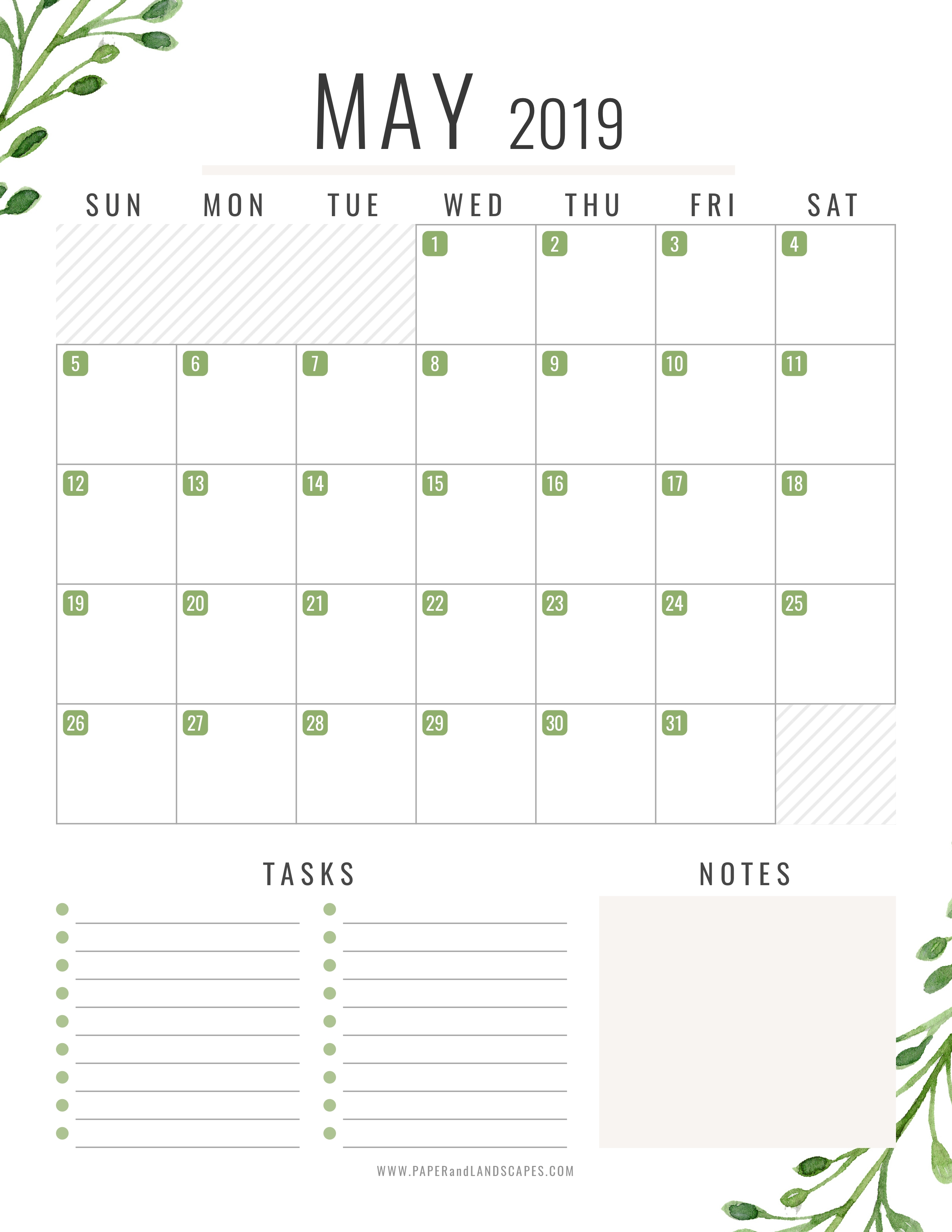 05 May 2019 - Free Printable Calendar - Paper And Landscapes