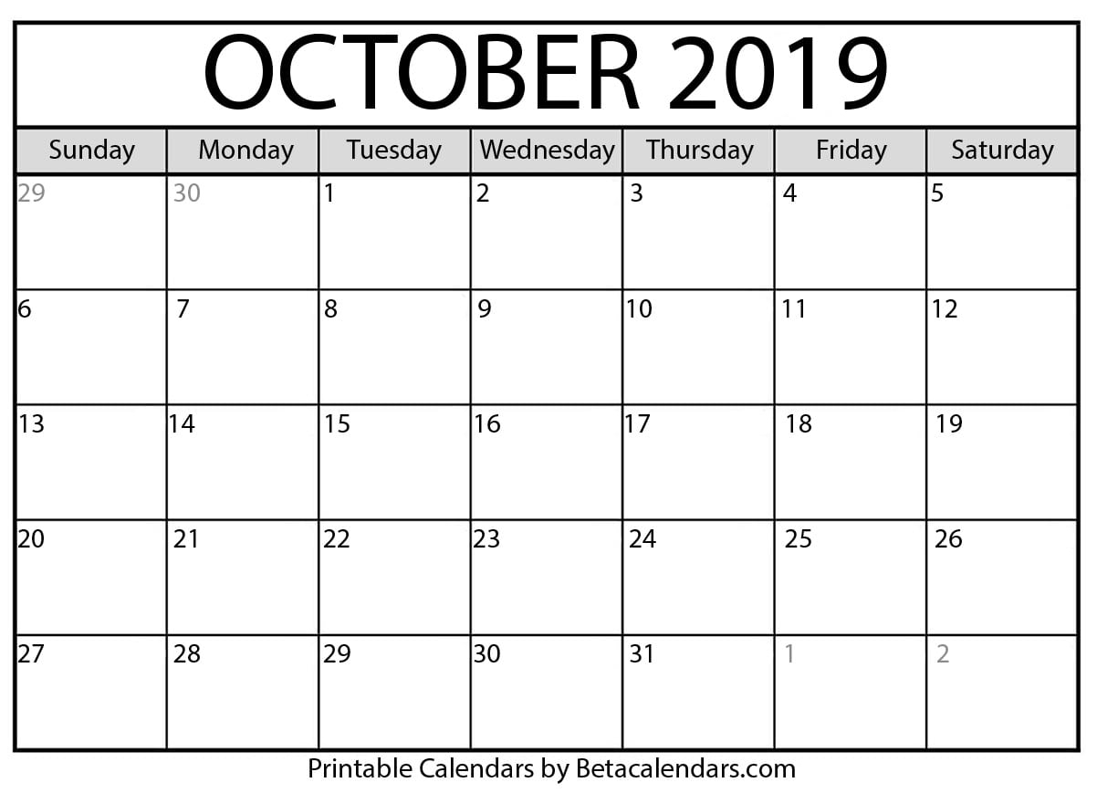 0Ctober 2019 Calendar | Printable Calendar Free