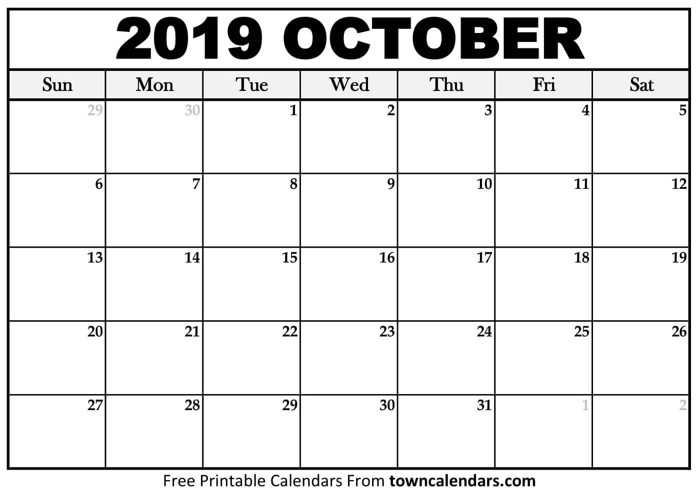 0Ctober 2019 Calendar | Printable Calendar Free