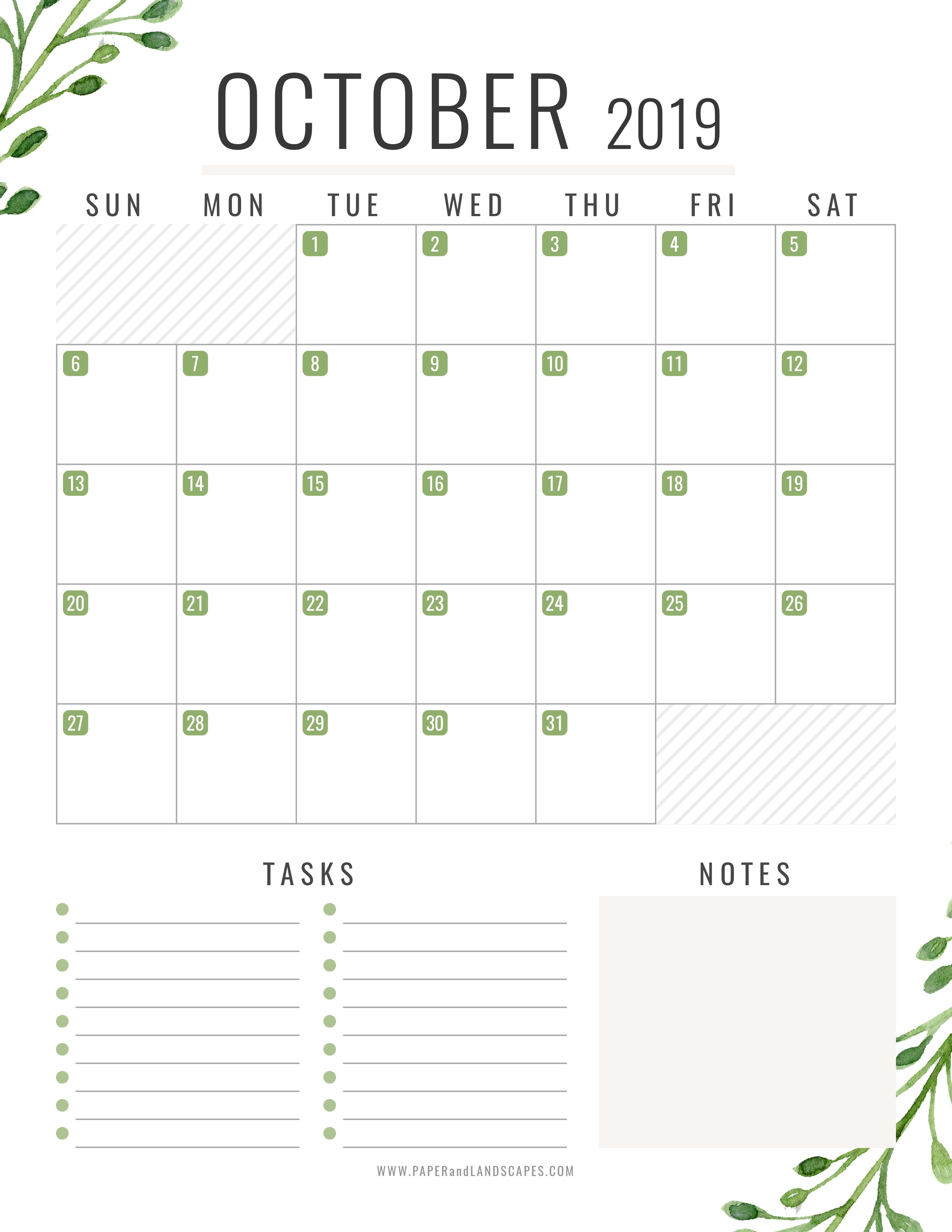 10 October 2019 - Free Printable Calendar - Paper And