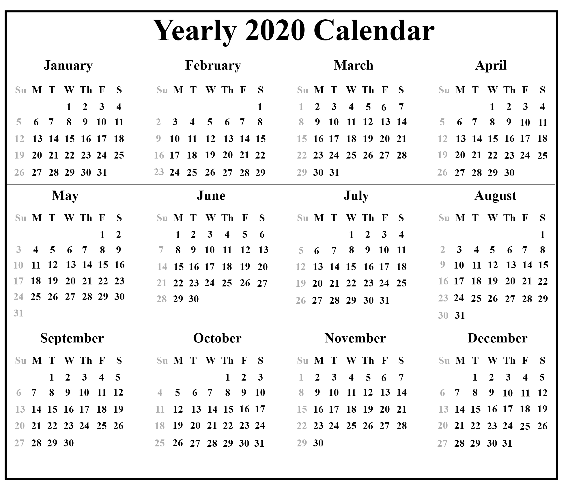 12 Month 2020 Printable Calendar Template One Page