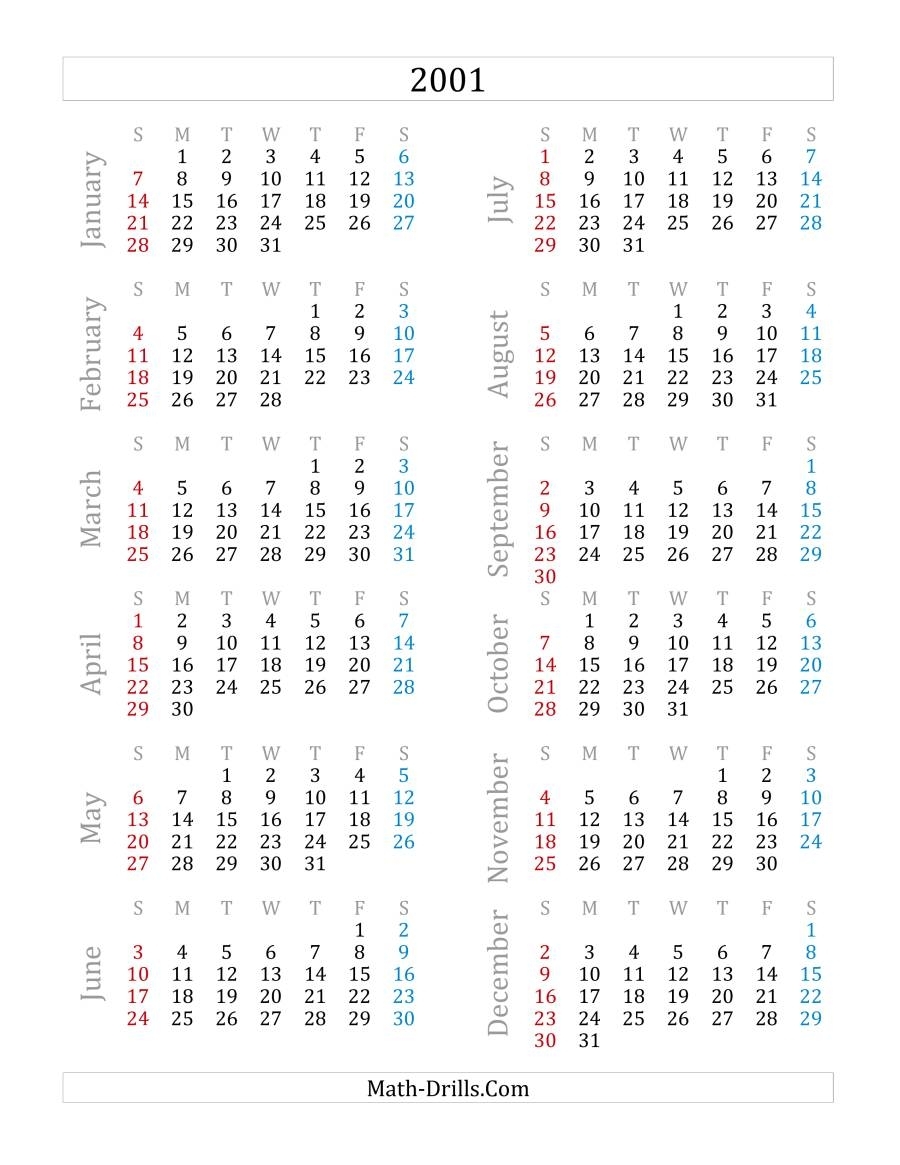 2001 Yearly Calendar (A)