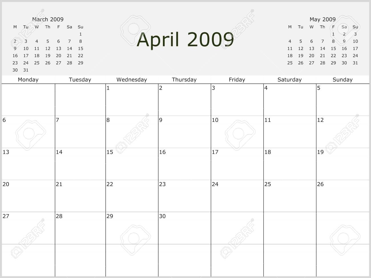 2009 Year Monthly Calendar With Previous And Next Months. Start..