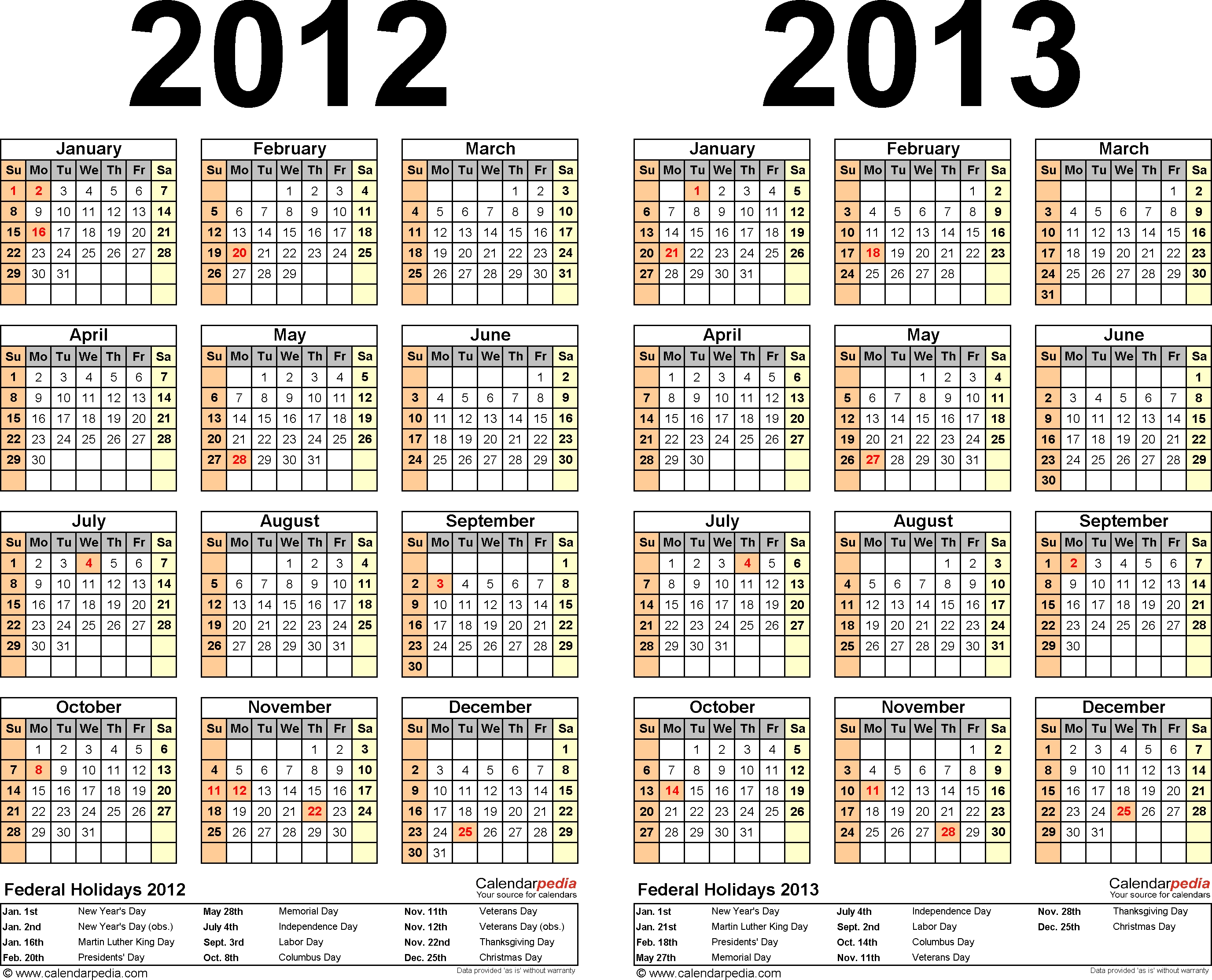 2012-2013 Two Year Calendar - Free Printable Word Templates