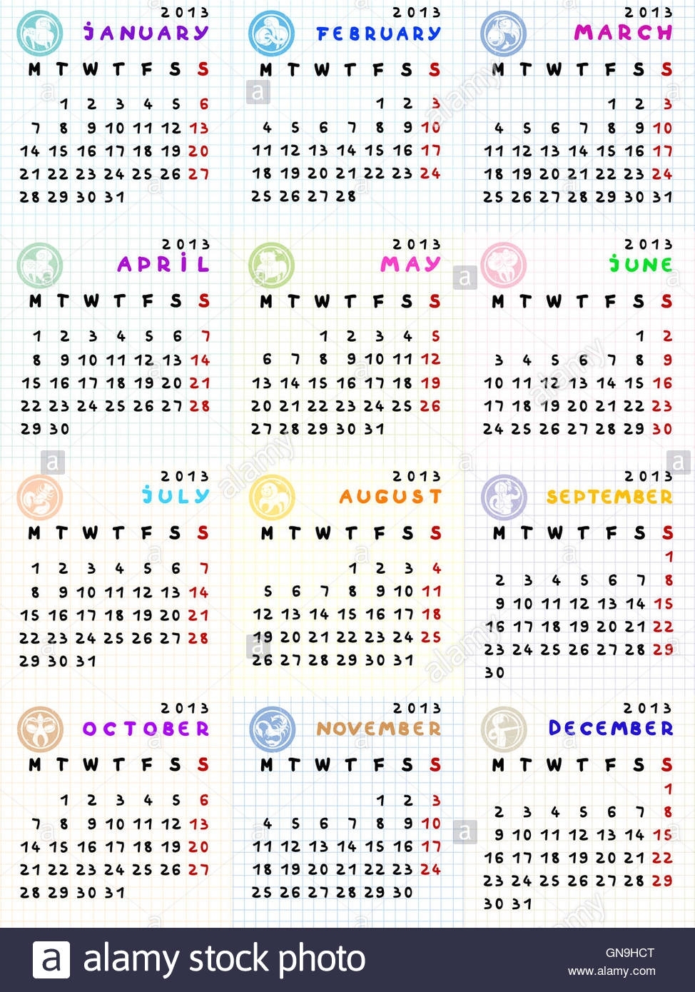 2013 Calendar With Zodiac Signs Stock Photo: 116381240 - Alamy