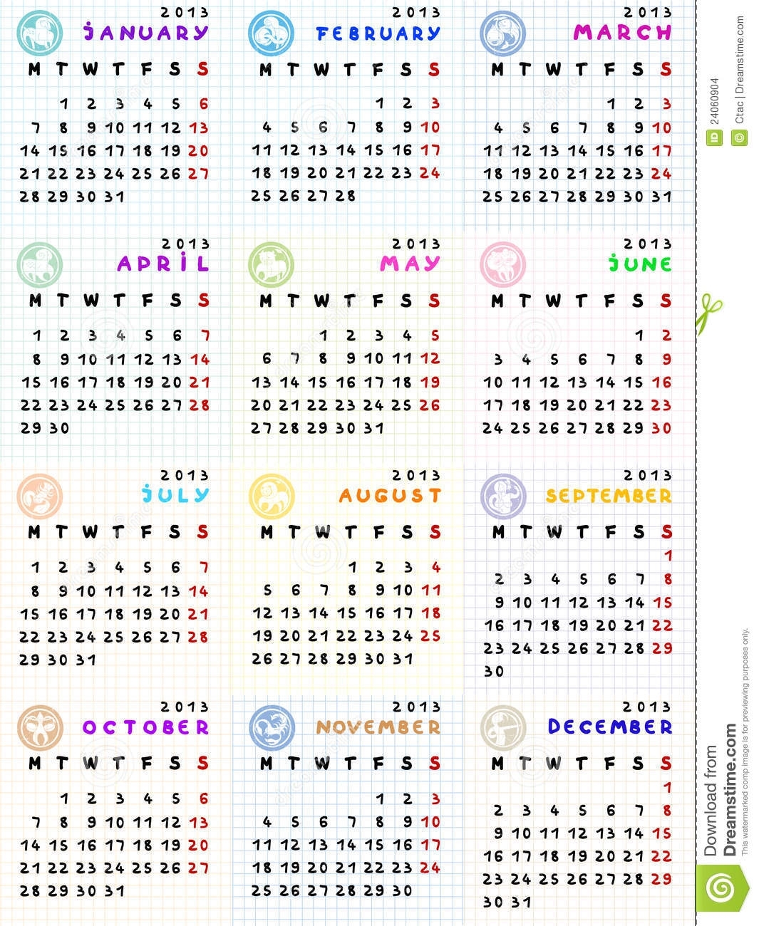 2013 Calendar With Zodiac Signs Stock Vector - Illustration