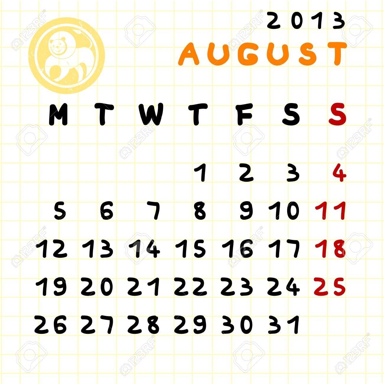 2013 Monthly Calendar August With Leo Zodiac Sign Stamp