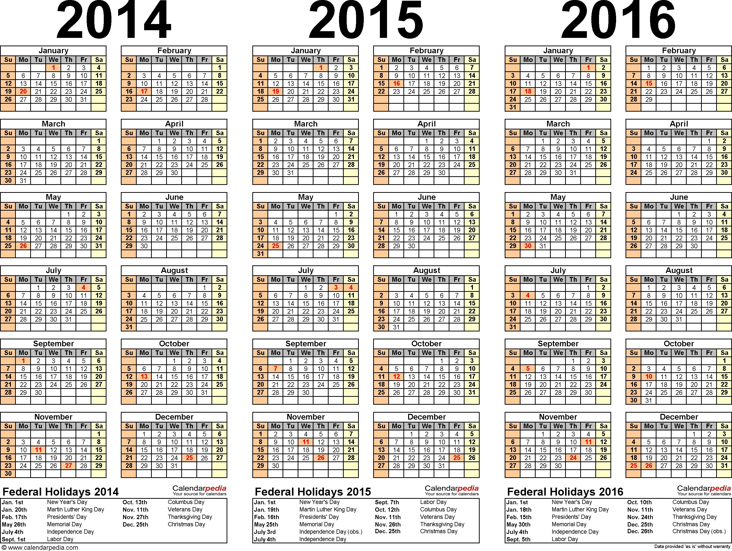 2014-2016 Three Year Calendar - Free Printable Pdf Templates