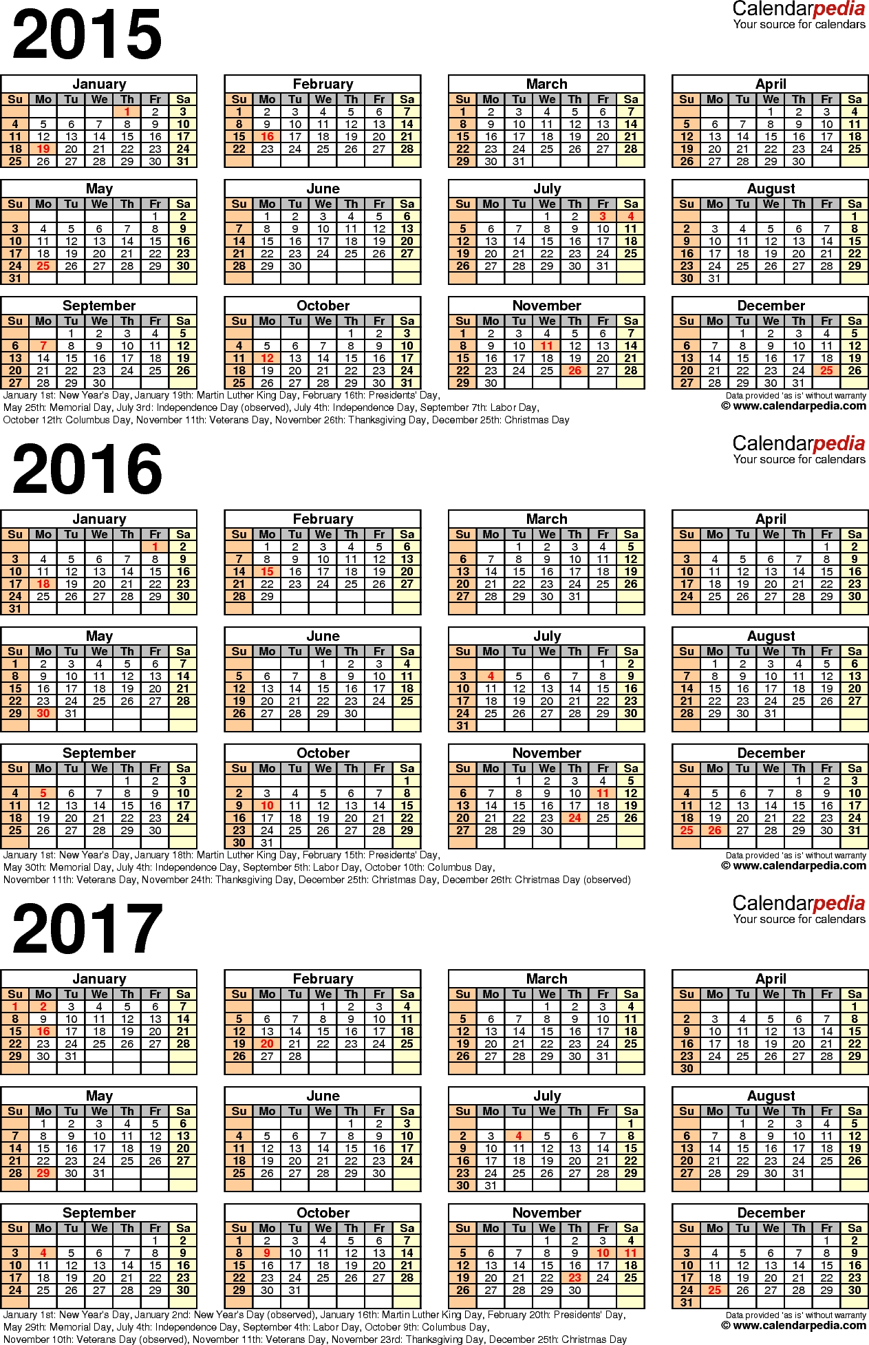 2015-2017 Three Year Calendar - Free Printable Pdf Templates