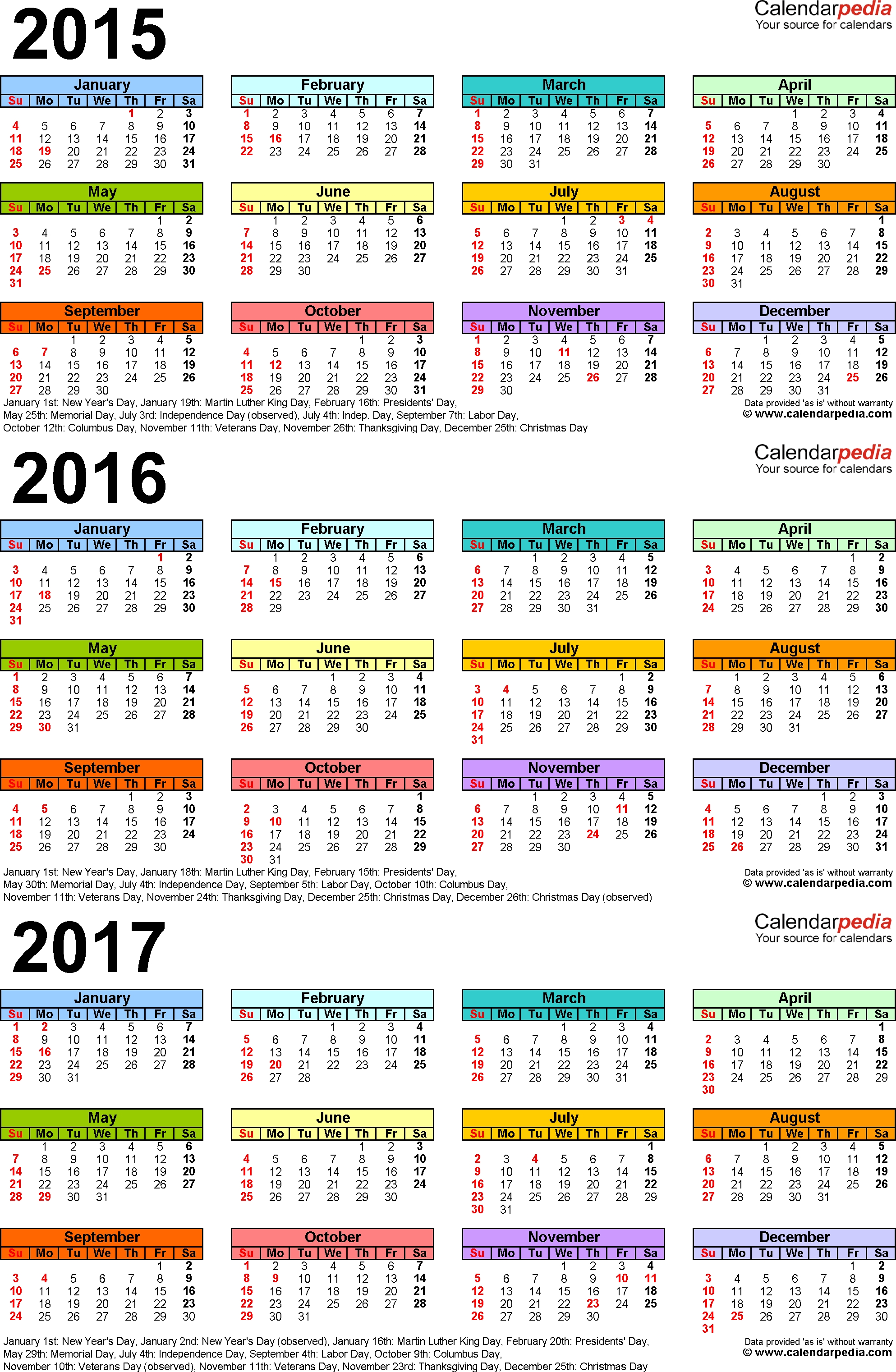 2015-2017 Three Year Calendar - Free Printable Pdf Templates