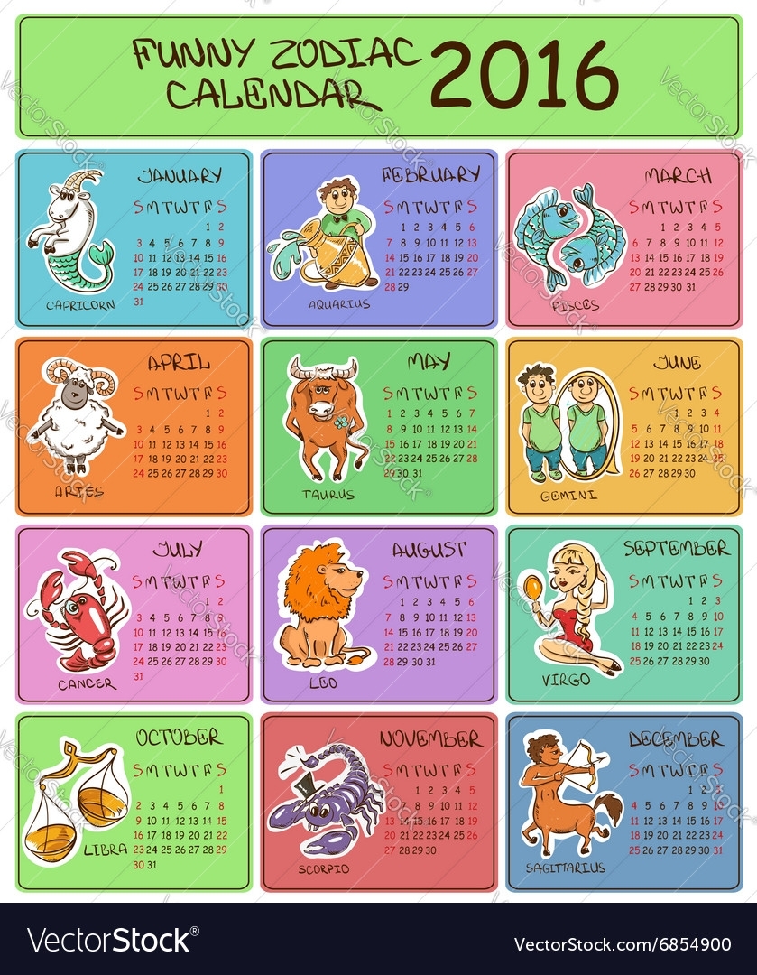 2016 Calendar Template With Zodiac Signs