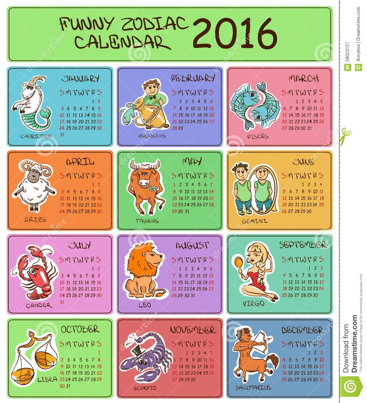 2016 Calendar Template With Zodiac Signs. Stock Vector