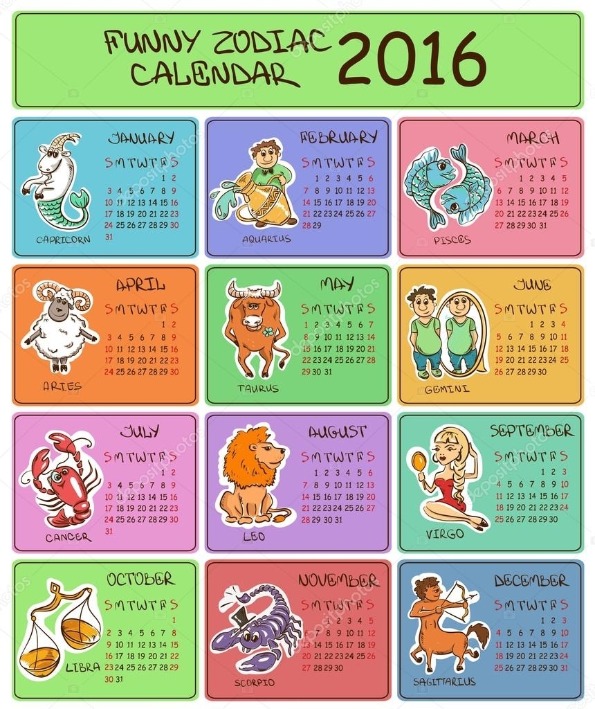2016 Calendar Template With Zodiac Signs. — Stock Vector