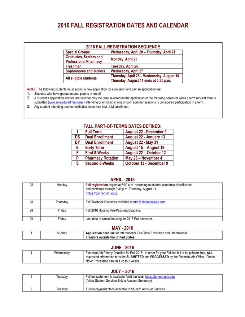 2016 Fall Registration Dates And Calendar 2016 Fall