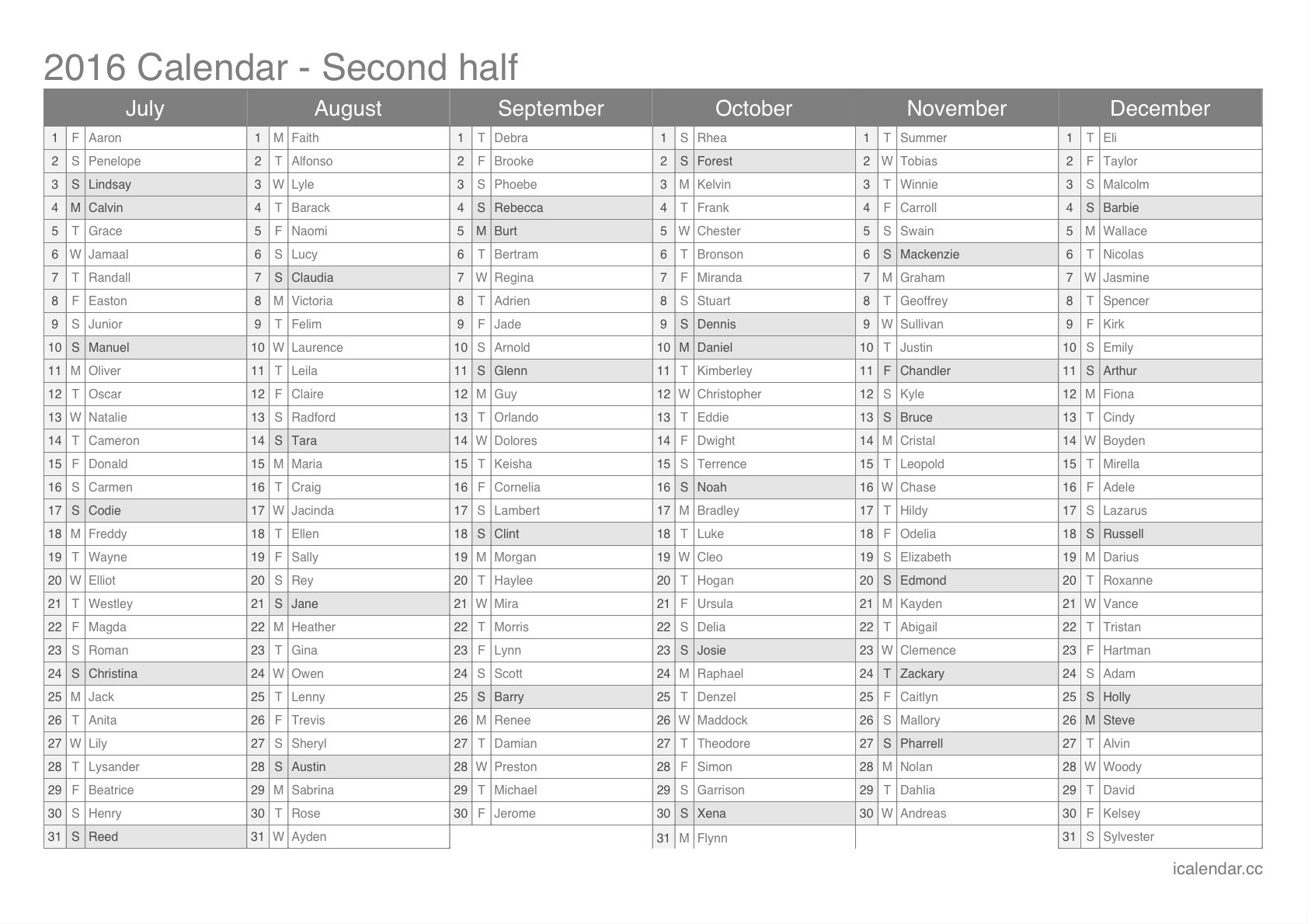 2016 Printable Calendar - Pdf Or Excel - Icalendars
