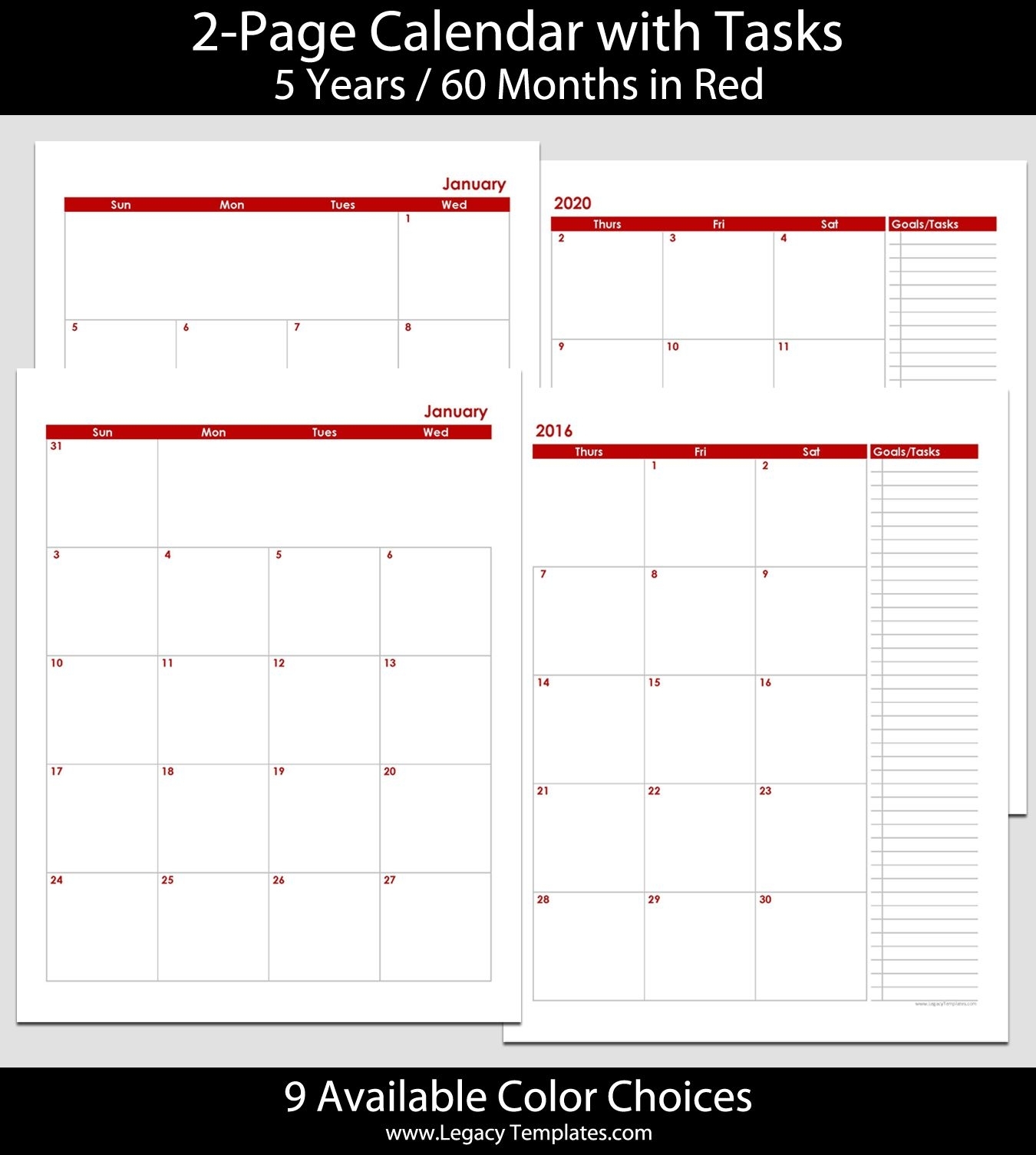 2016 Thru 2020 60-Month 2-Page Calendar – 8 1/2″ X 11″. The