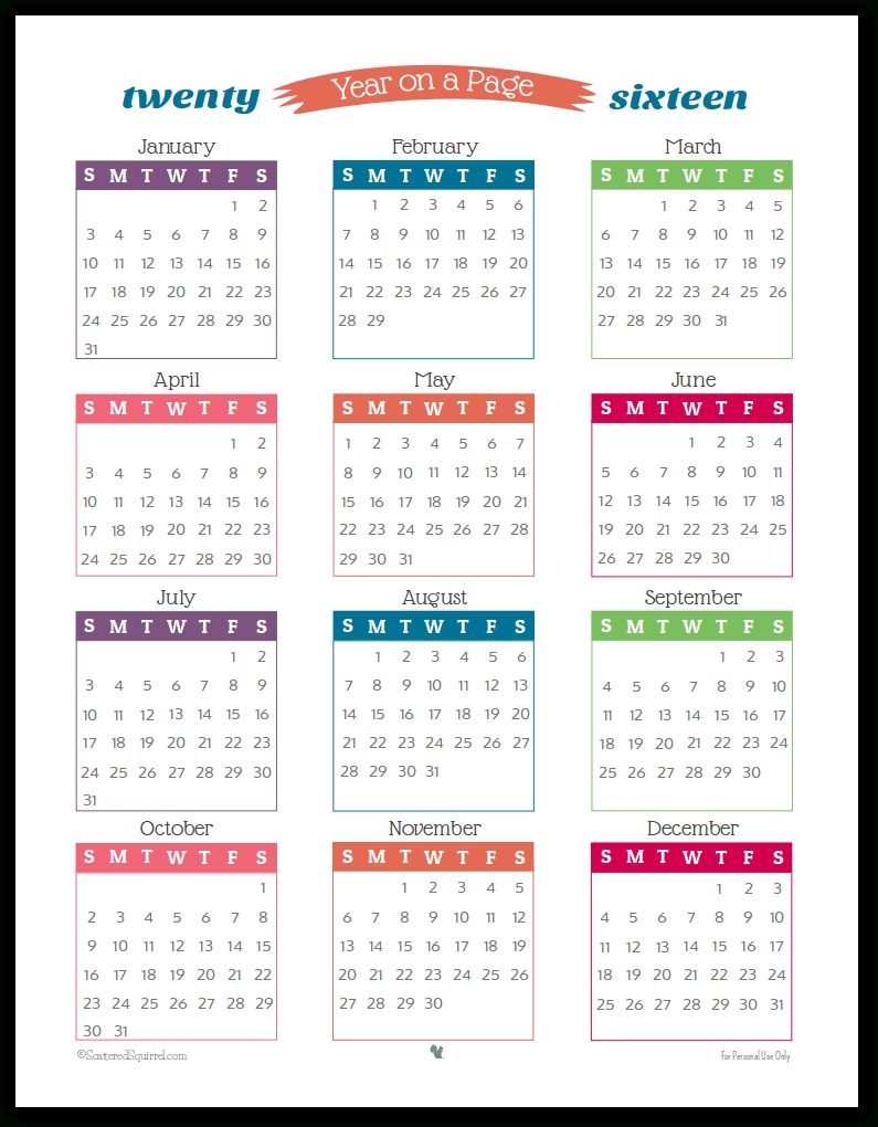 2016 Year On Page Printable Calendars Are Here!