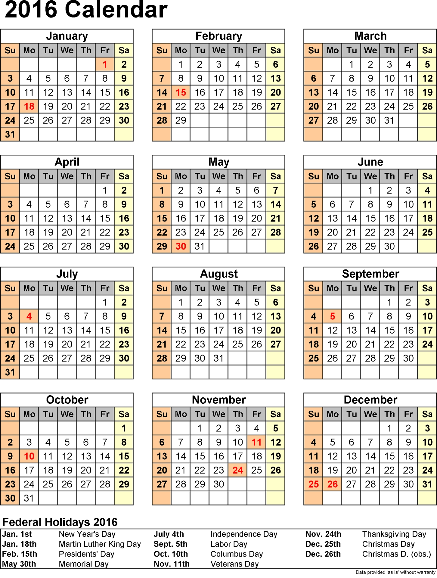 2016 Yearly Calendars With Holidays | Activity Shelter