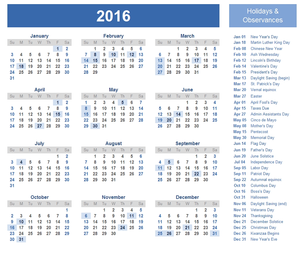 2016 Yearly Calendars With Holidays | Activity Shelter