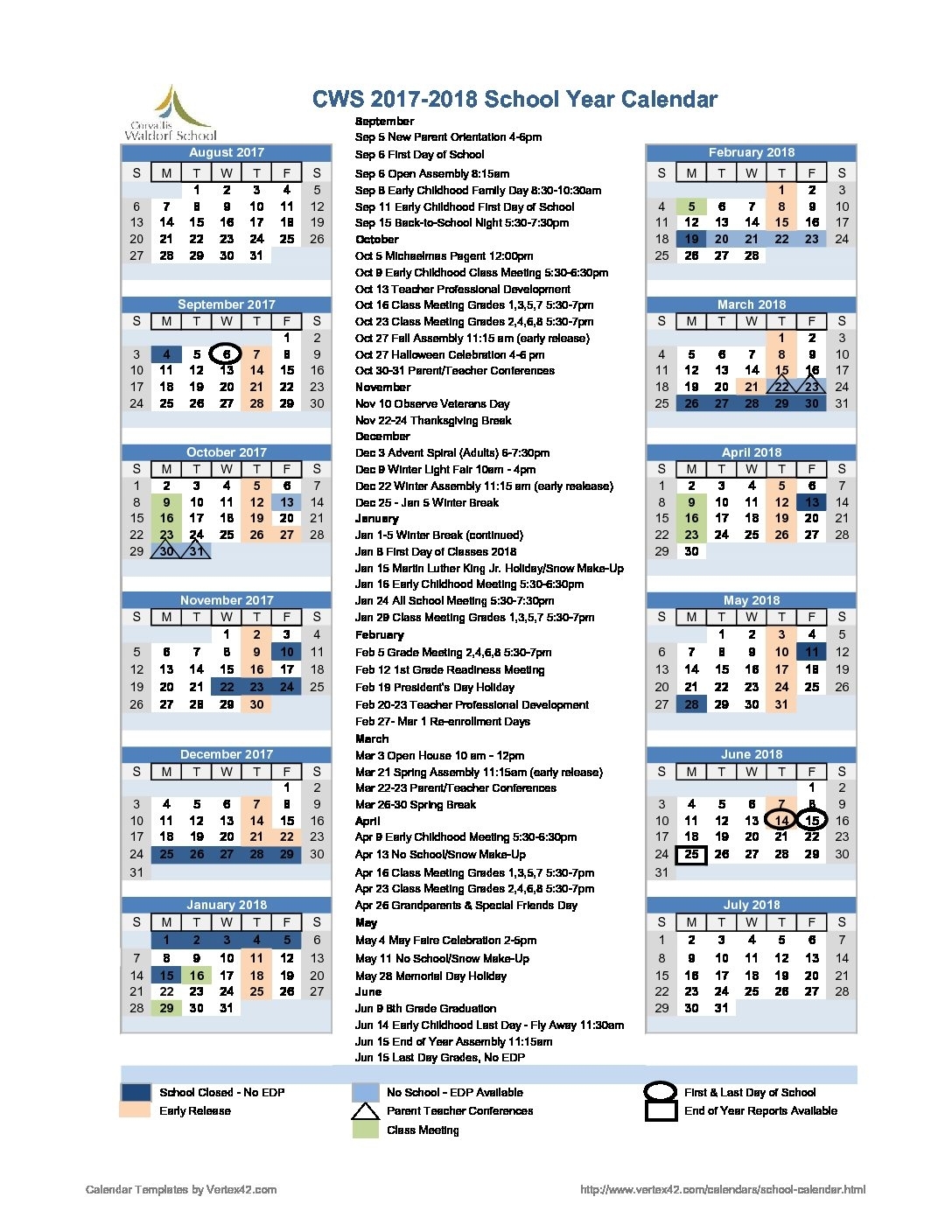 2017-2018 School Year Calendar - Corvallis Waldorf School