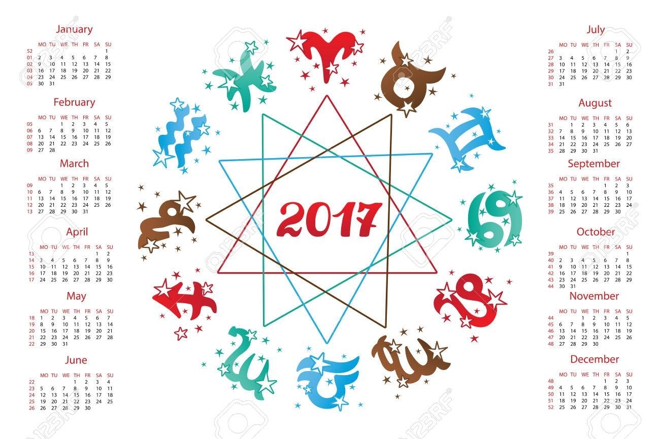 2017 New Year Calendar.horoscope Circle With Zodiac Sign.elements,stars..