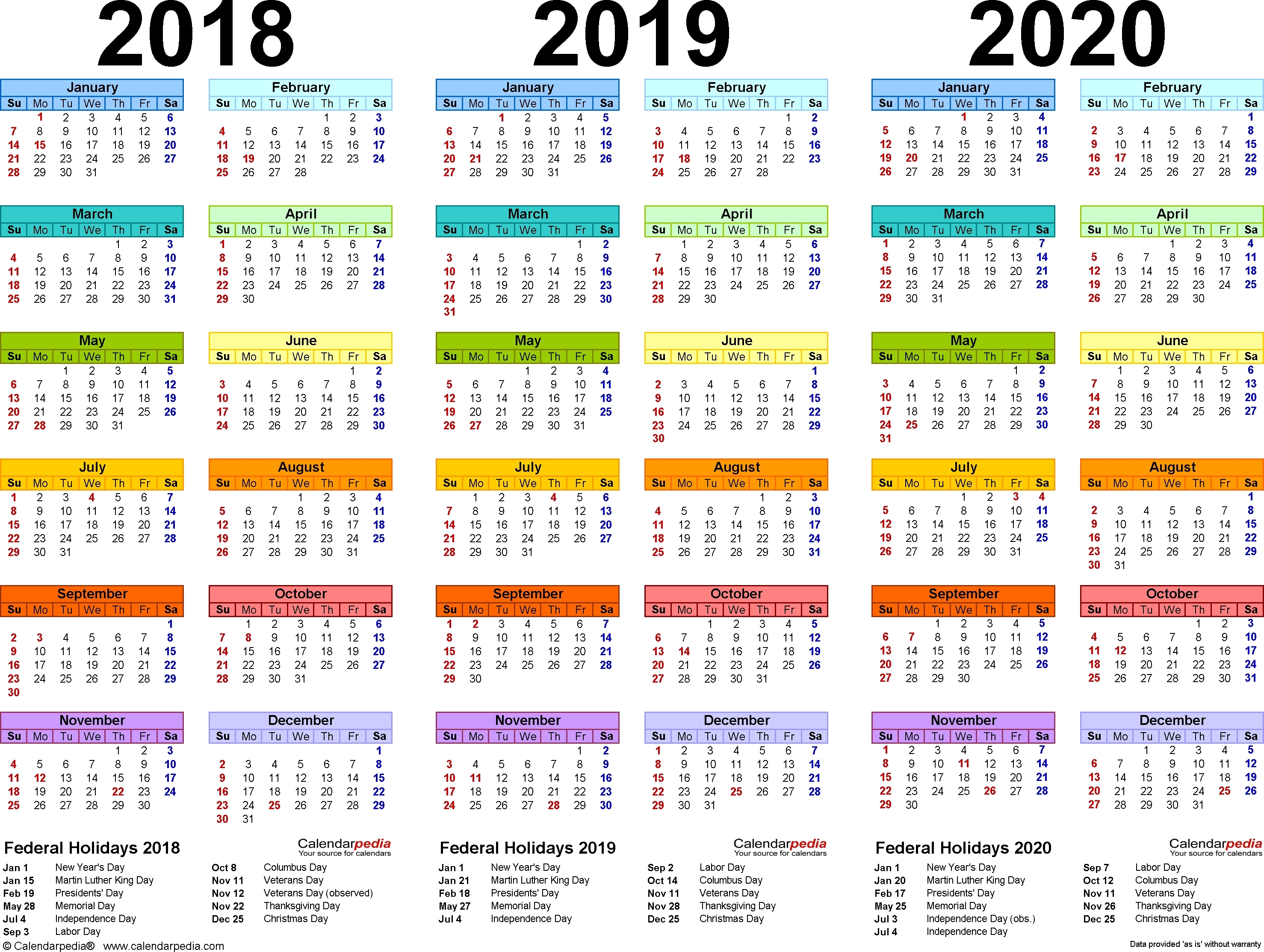 2018/2019/2020 Calendar – 4 Three-Year Printable Pdf