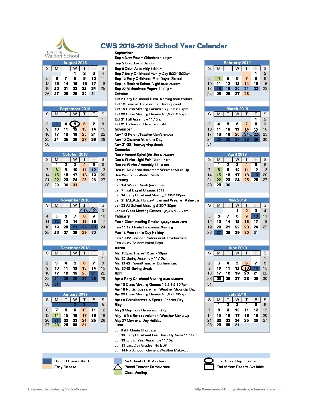 2018-2019 School Year Calendar - Corvallis Waldorf School