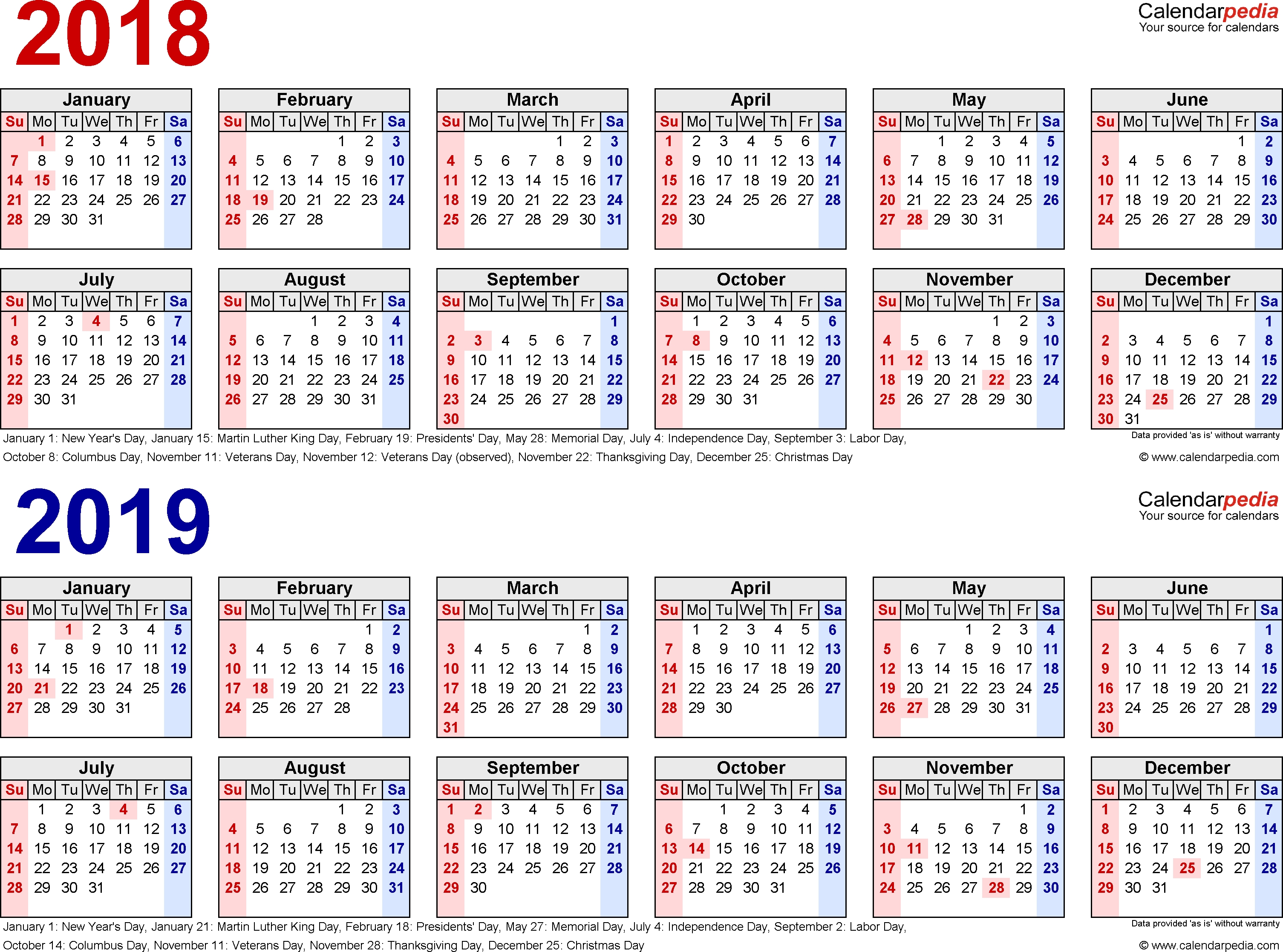 2018-2019 Two Year Calendar - Free Printable Excel Templates