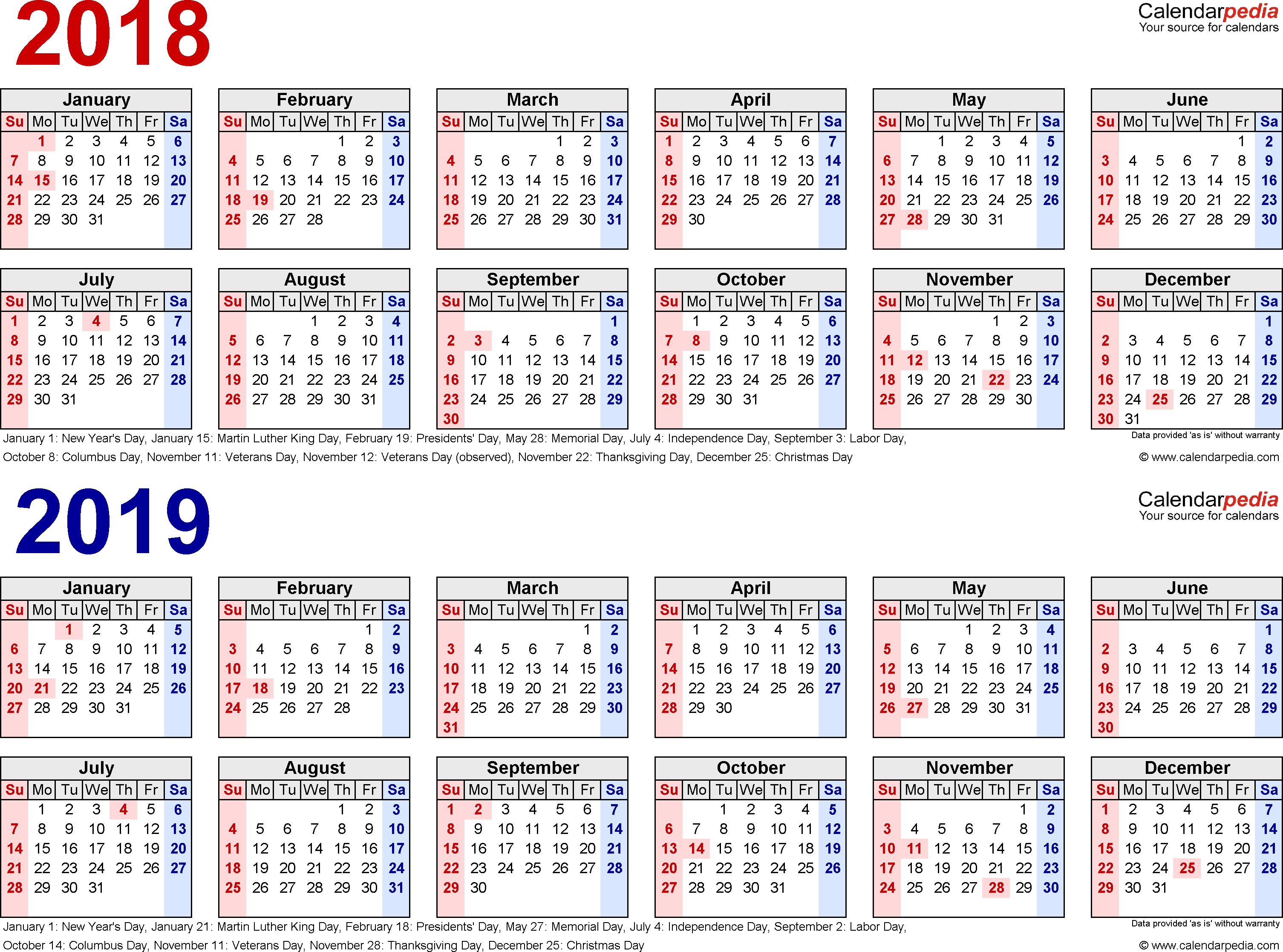 2018-2019 Two Year Calendar - Free Printable Pdf Templates