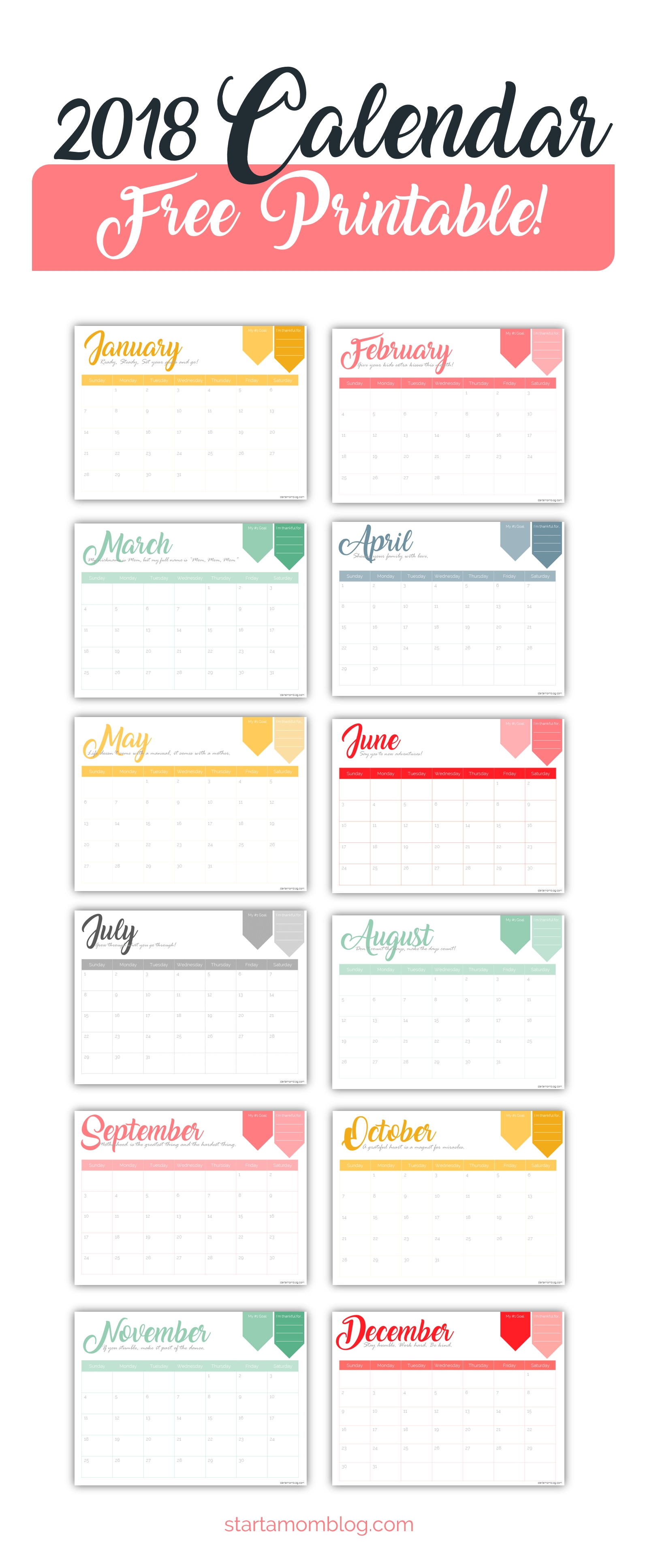 2018 Calendar Template Free Printable - Start A Mom Blog