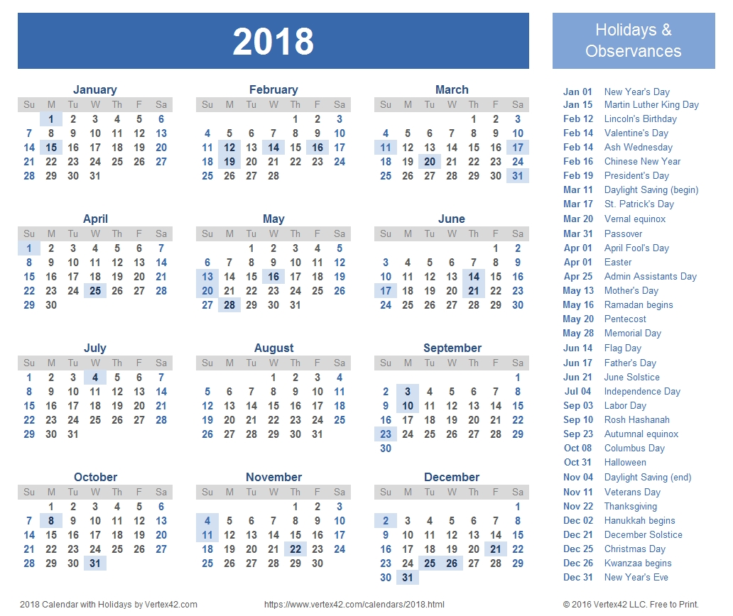 2018 Calendar Templates, Images And Pdfs