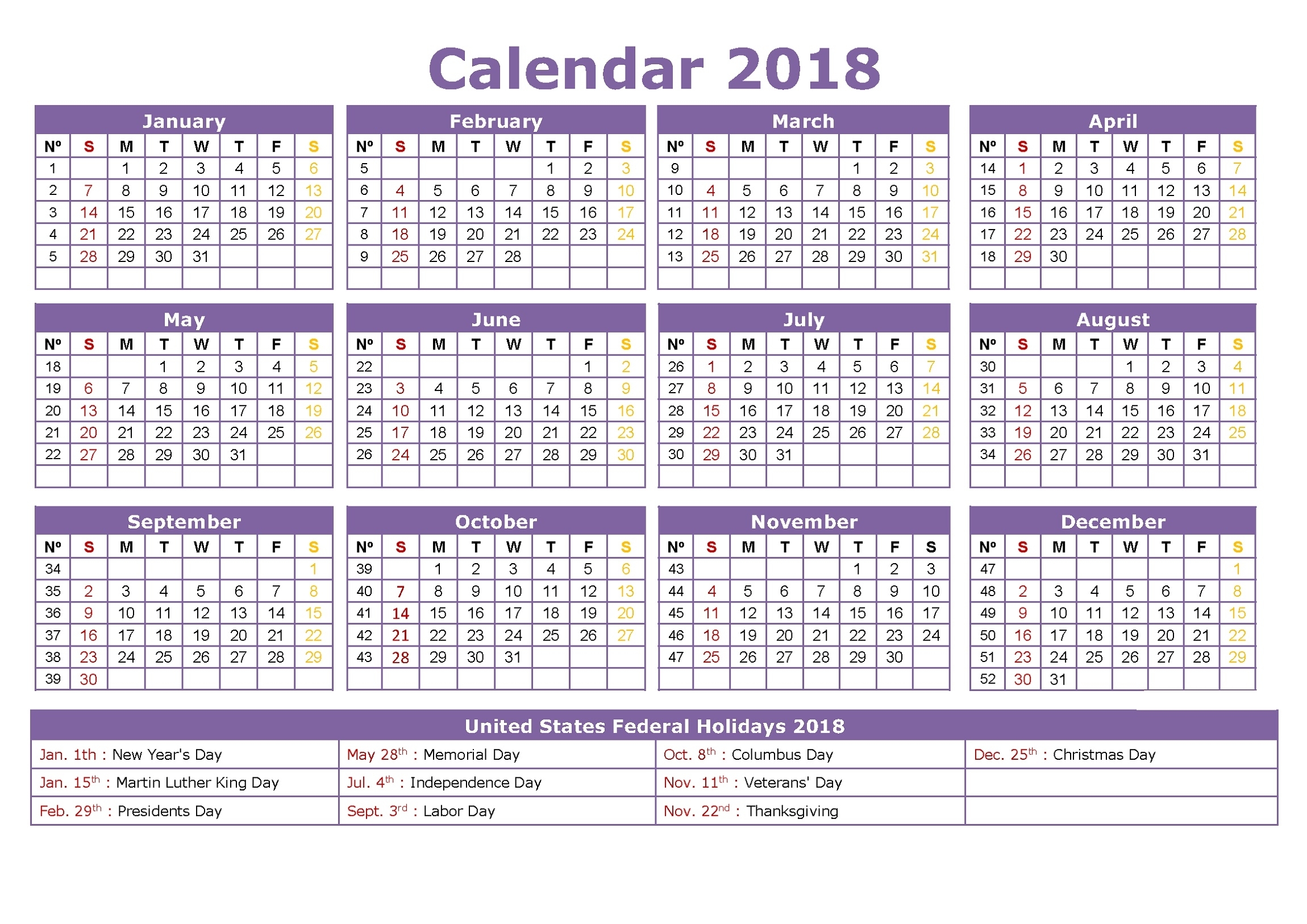 2018 Calendar With Week Numbers Printable | Calendar Shelter
