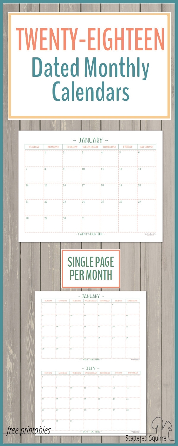 2018 Dated Monthly Calendars - Single Page Edition
