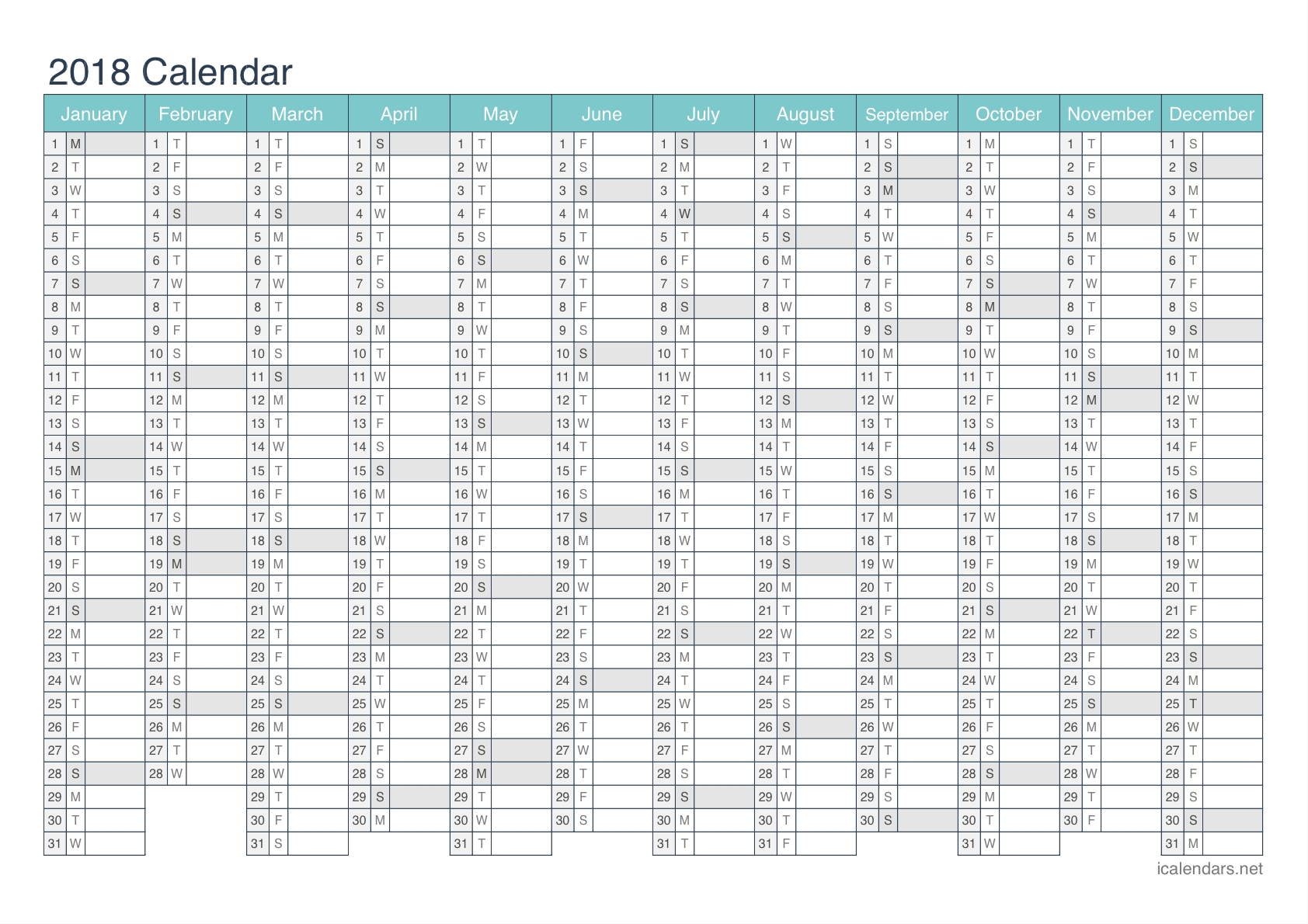 2018 Printable Calendar - Pdf Or Excel - Icalendars