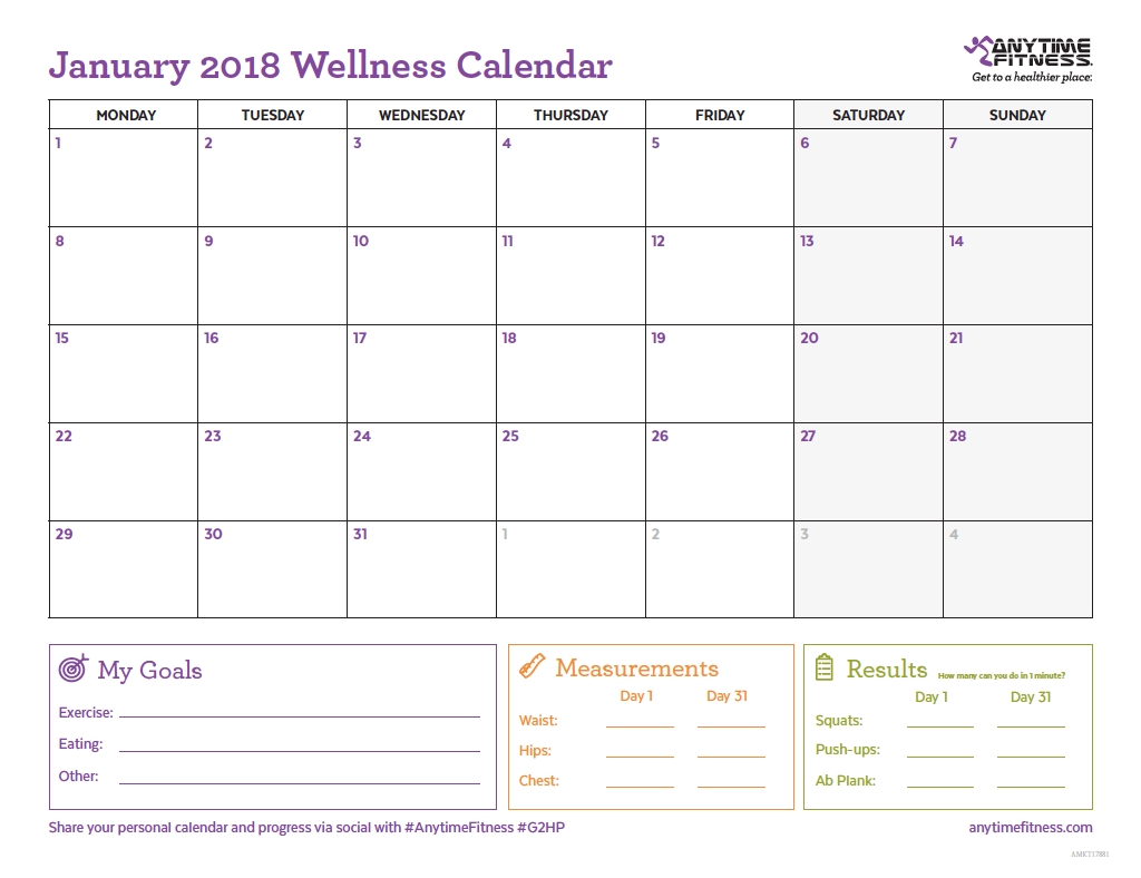 2018 Wellness Calendar For Active Planning &amp; Progress