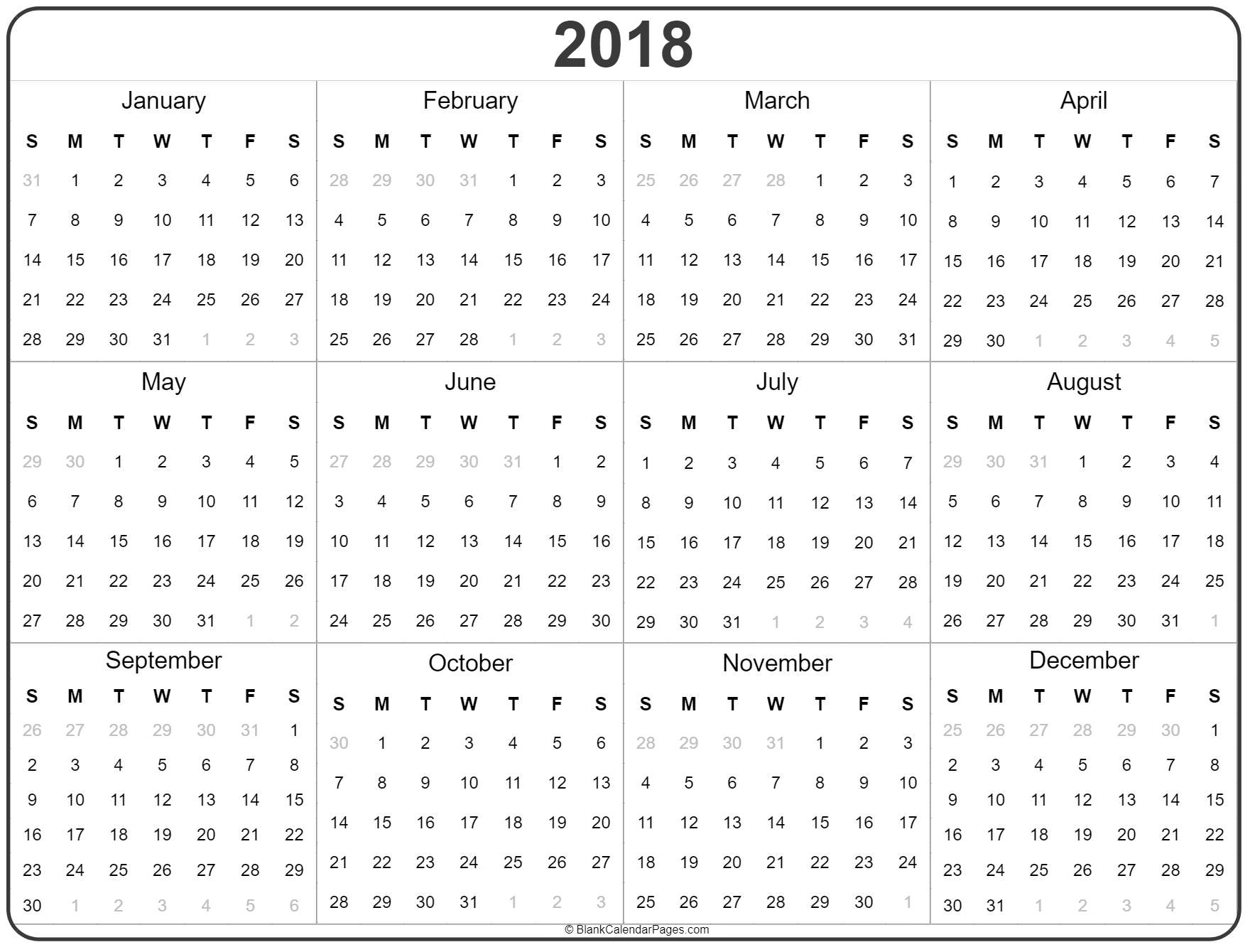 2018 Year Calendar | Yearly Printable