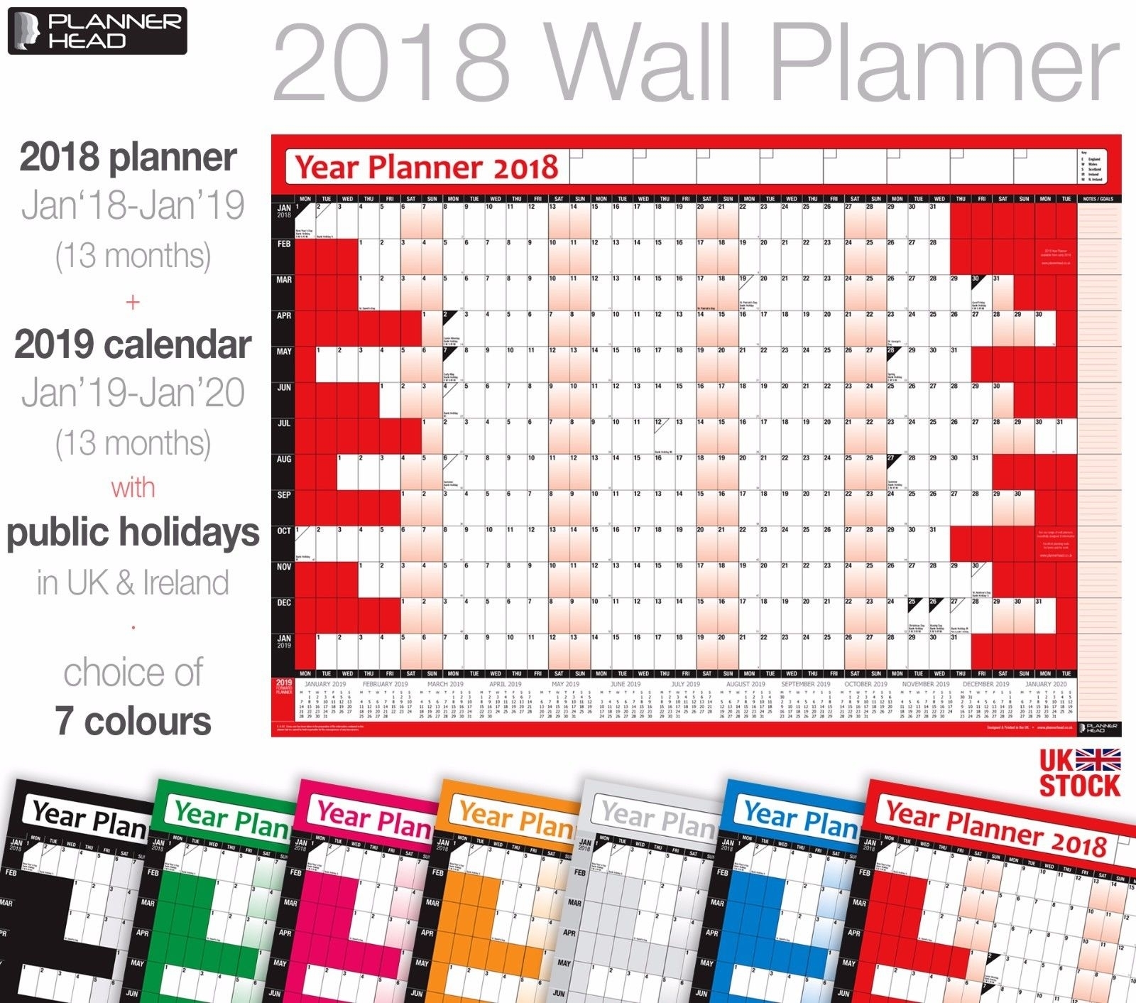 2018 Yearly Planner Calendar Wall Chart Planner With 2019 Calender ✔Home  ✔Office