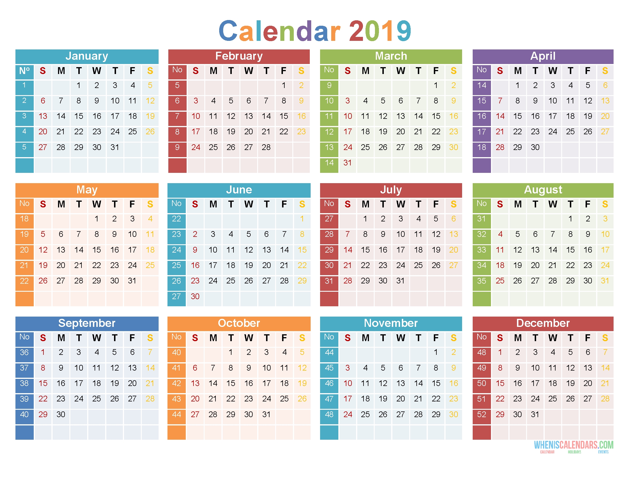2019 12 Month Calendar Template Large Print Calendar Pdf