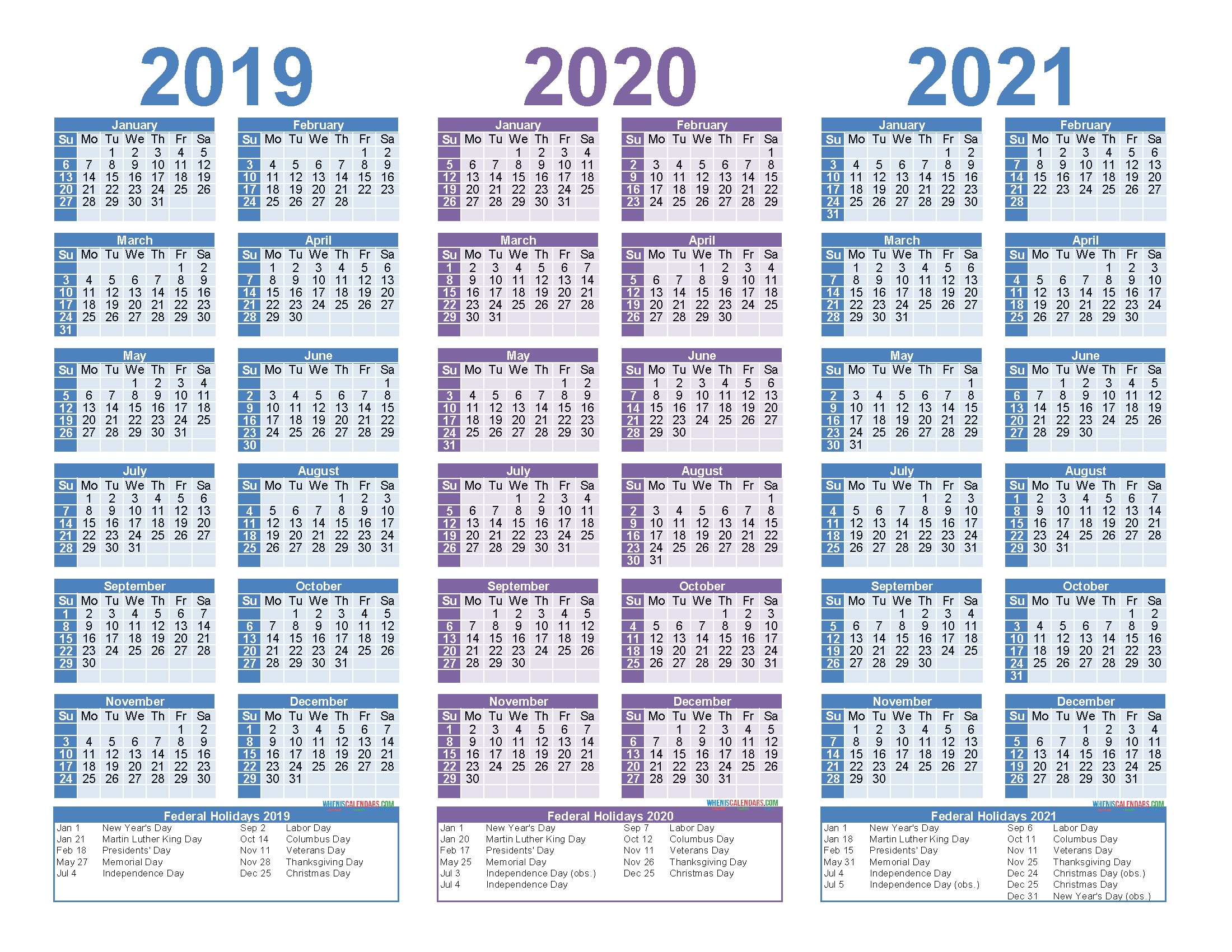 2019 2020 2021 Free Calendar Template 3 Year Calendar