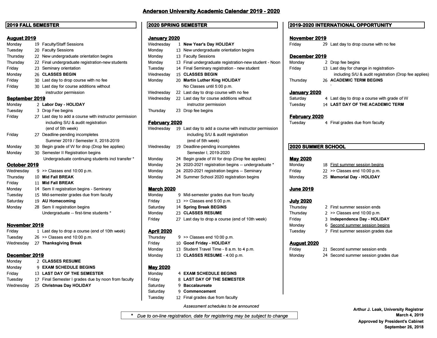 2019-2020 Anderson University Academic Calendaranderson