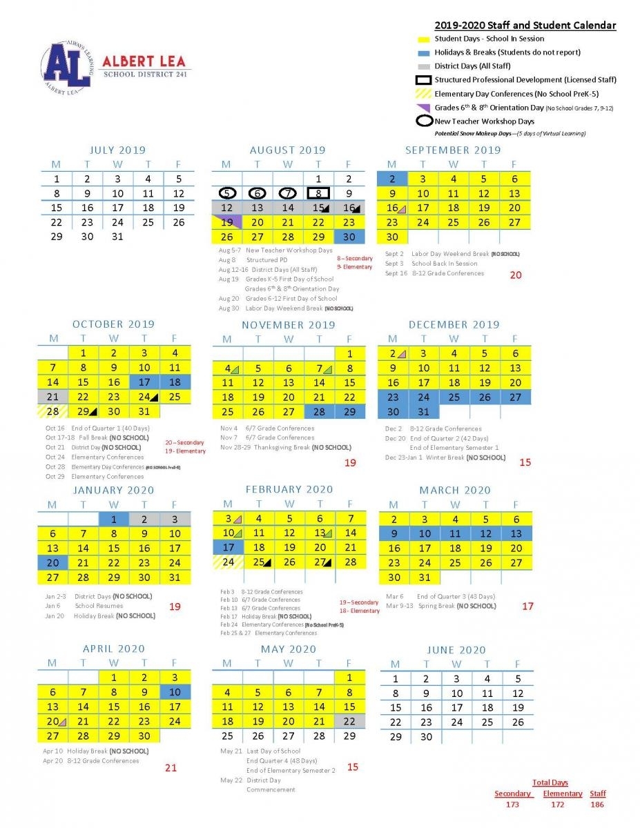 2019-2020 Approved Calendar | Albert Lea Area Schools