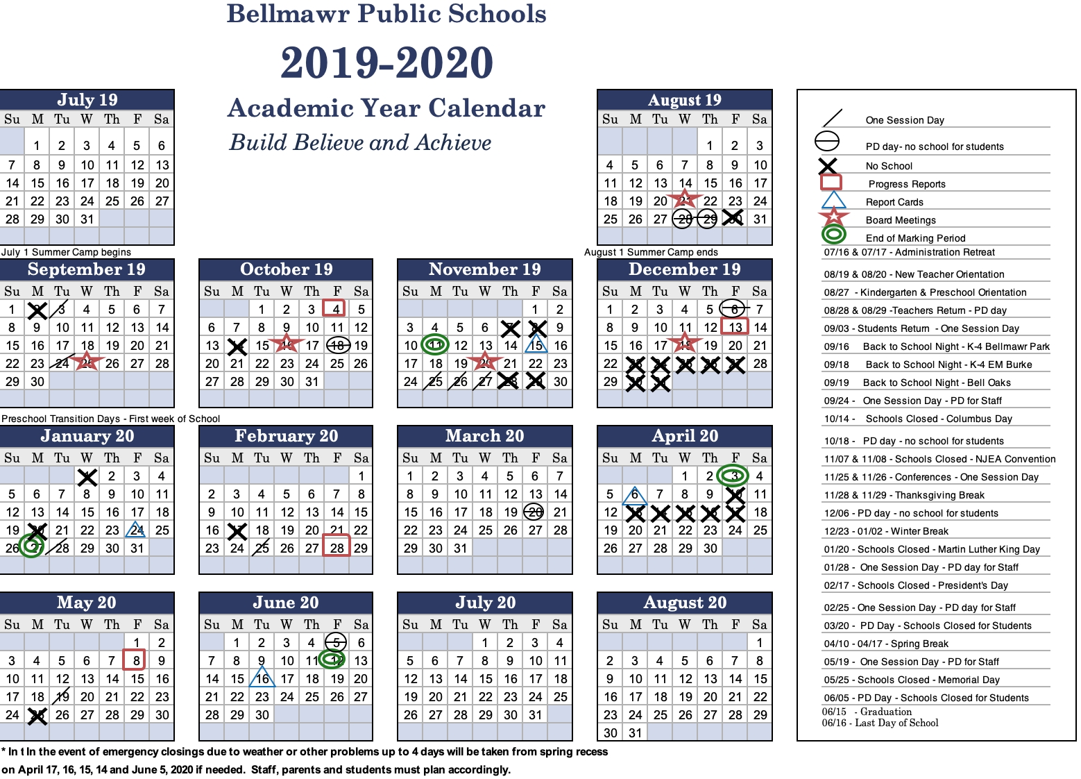 2019 -2020 Calendar - Bellmawr Public School District