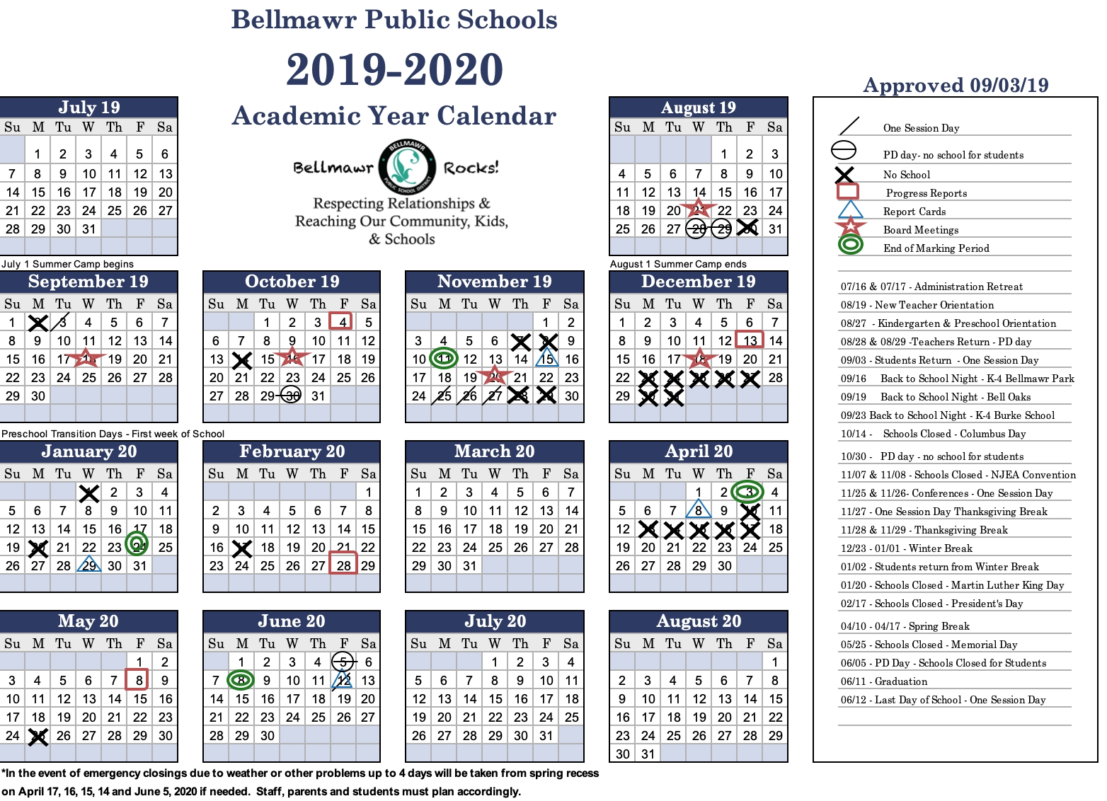 2019- 2020 Calendar - Bellmawr Public School District
