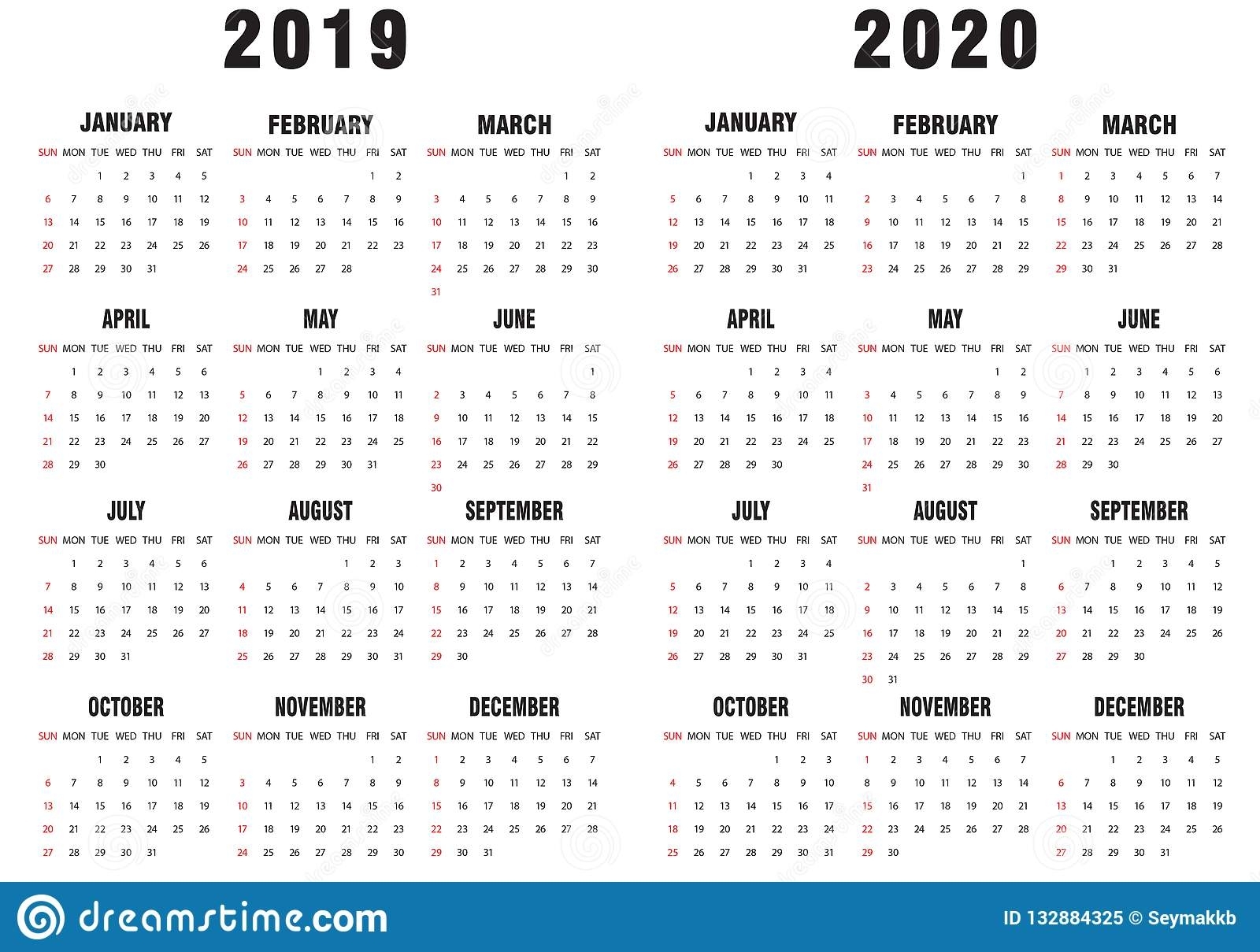 2019-2020 Calendar Black And White Stock Vector