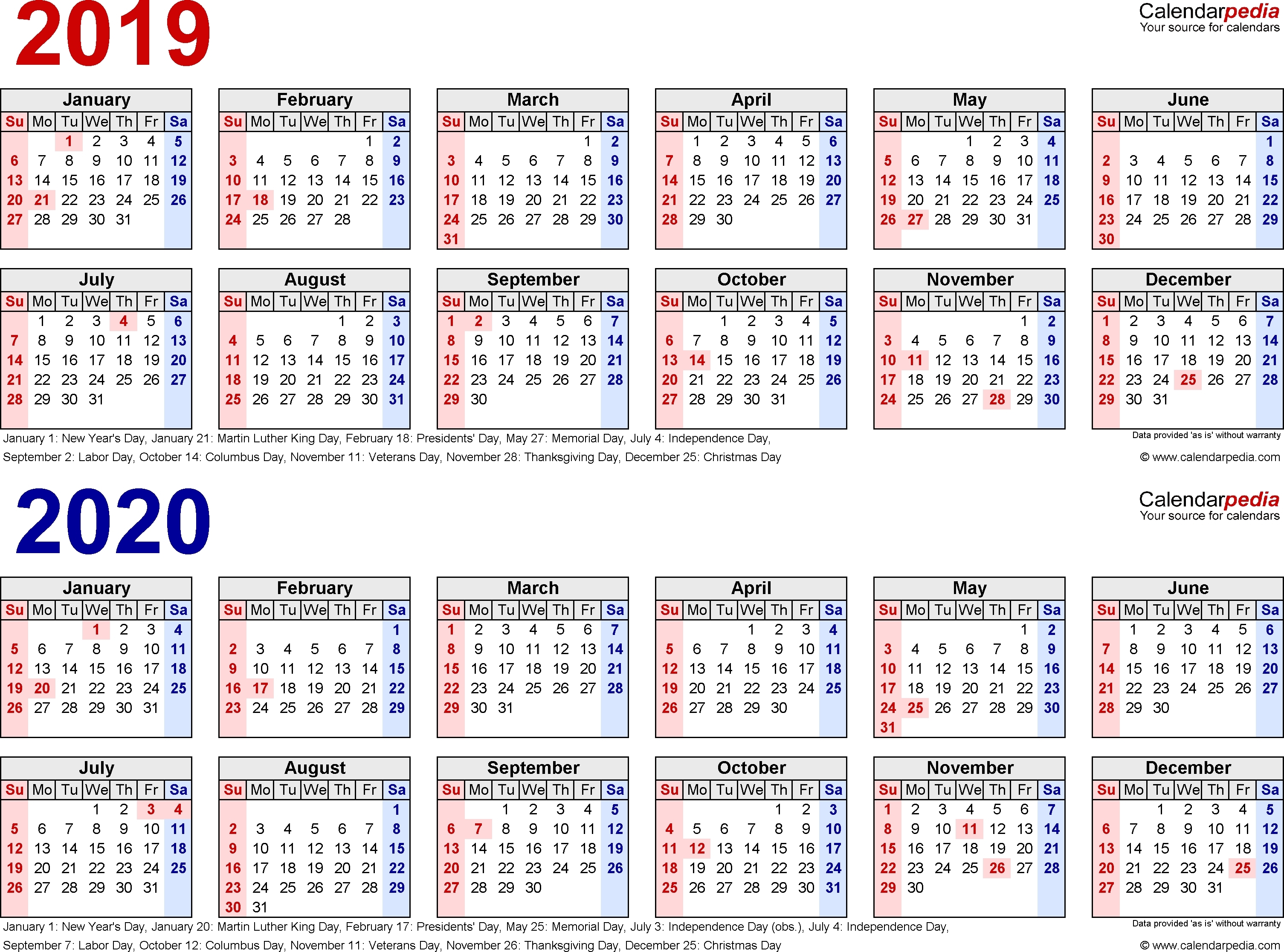 2019-2020 Calendar – Free Printable Two-Year Word Calendars
