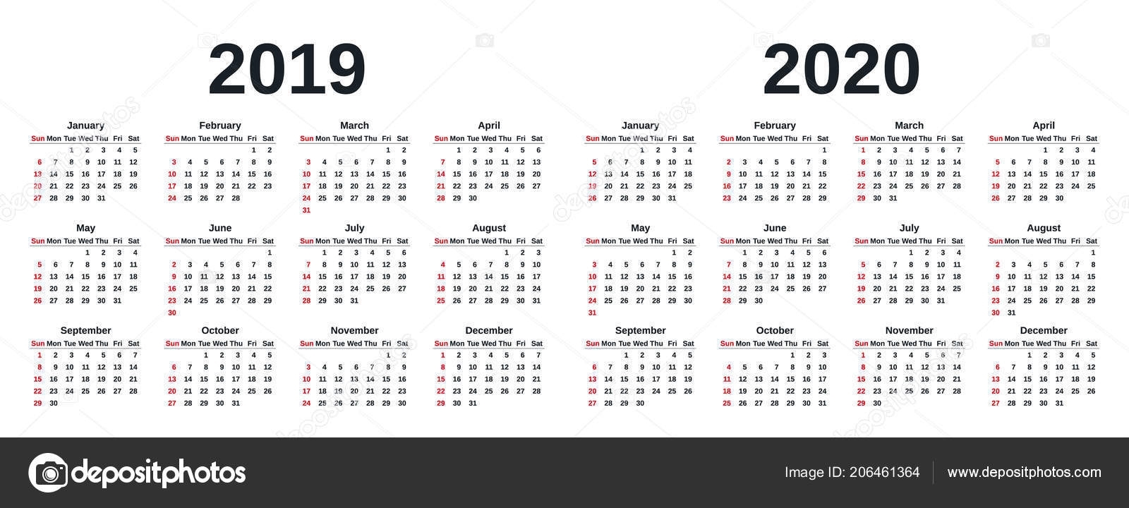 2019 2020 Calendar Vector Graphics Week Starts Sunday Design