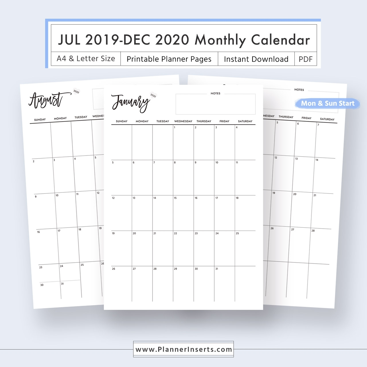 2019-2020 Dated Monthly Calendar For Unlimited Instant Download - Digital  Printable Planner Inserts In .pdf Format - A4 &amp; Letter Size - Monthly