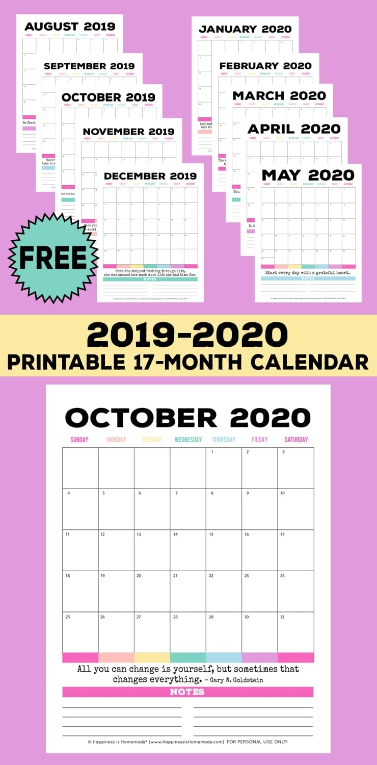 2019-2020 Free Printable Monthly Calendar - Happiness Is