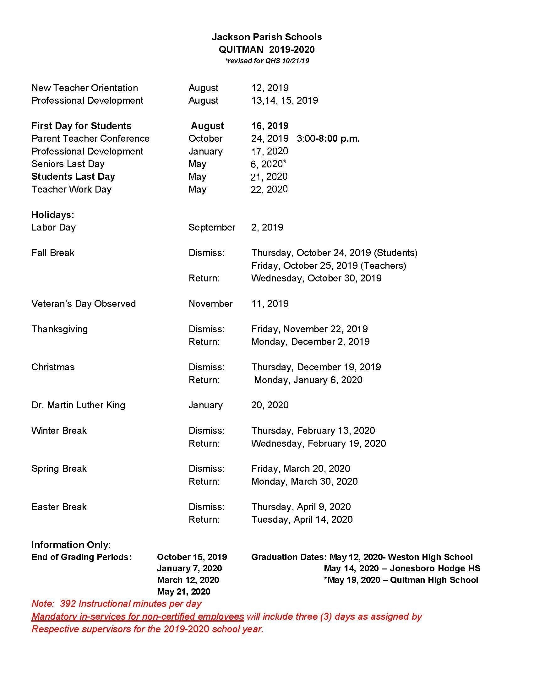 2019-2020 Jackson Parish School Calendar – Calendar